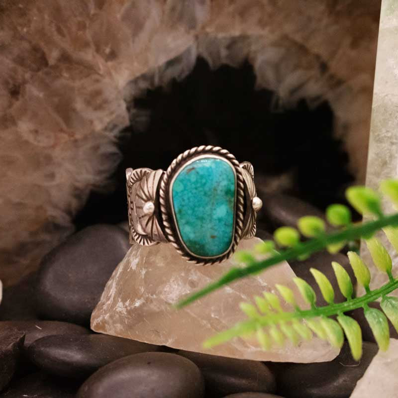 Bruce Morgan Navajo Sterling Silver & Water Webber Kingman Turquoise Ring- Size 12.5
