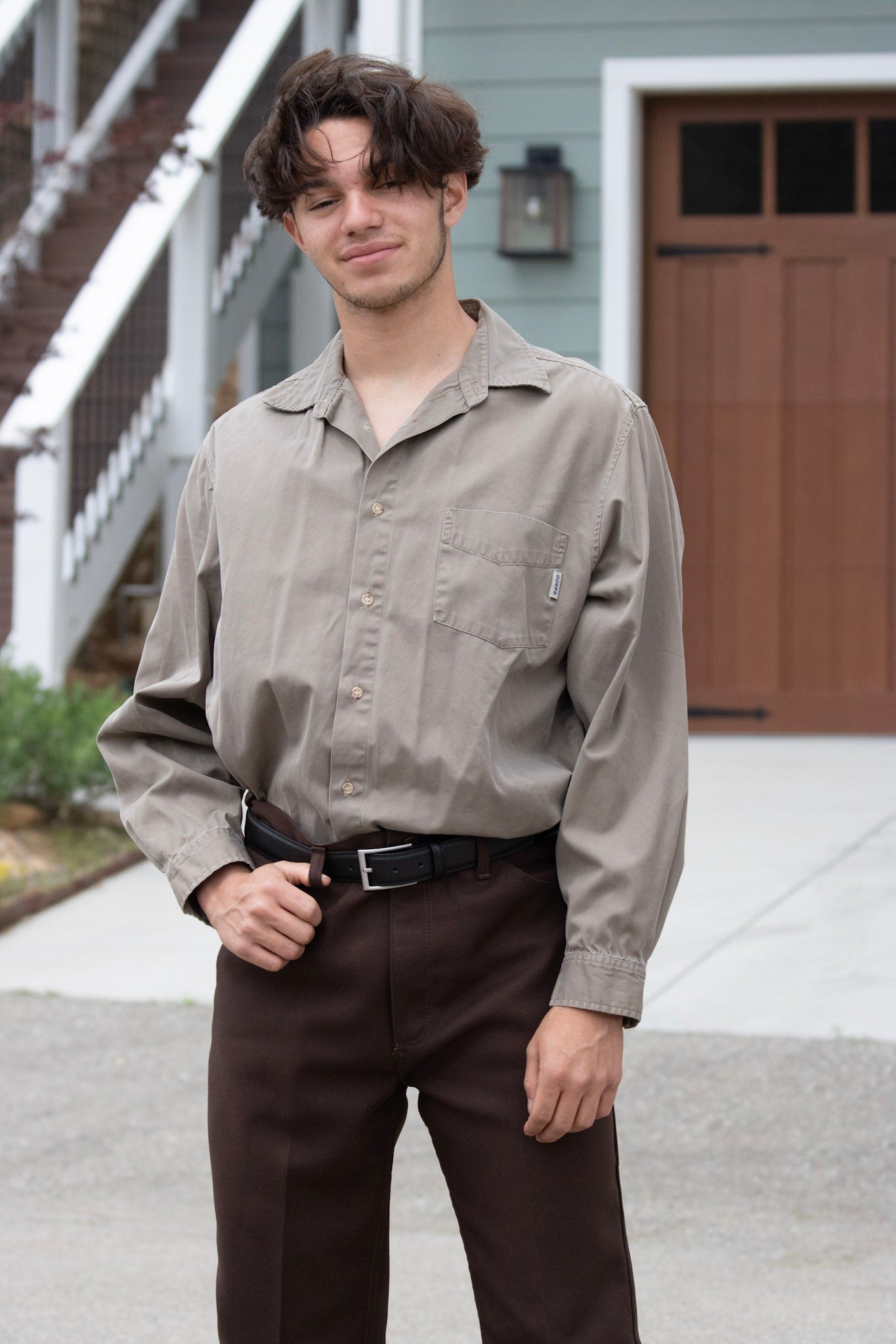 American Traditional Guess Jeans Long Sleeve Sand Brown Button-up