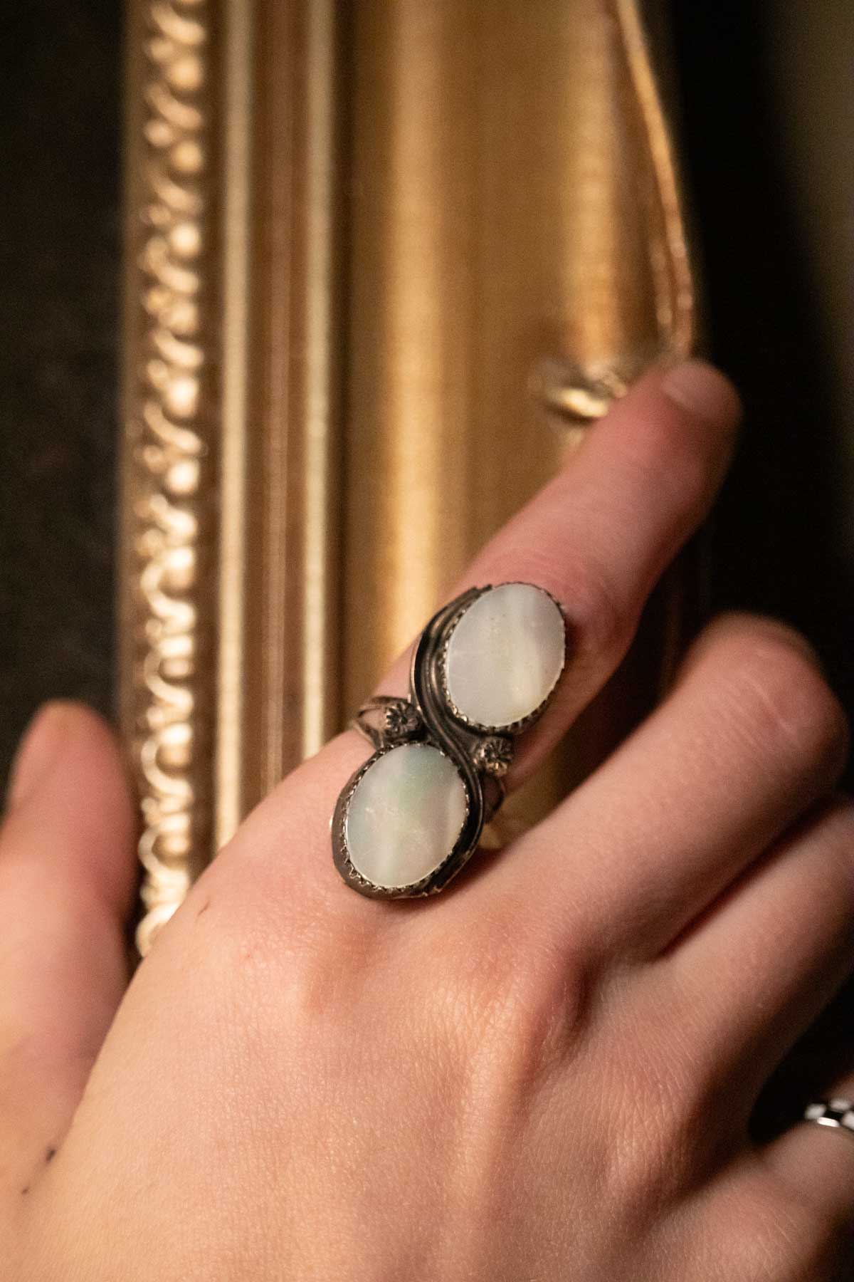 Vintage Sterling Silver Ring with Two Mother of Pearl Stones- Size 4