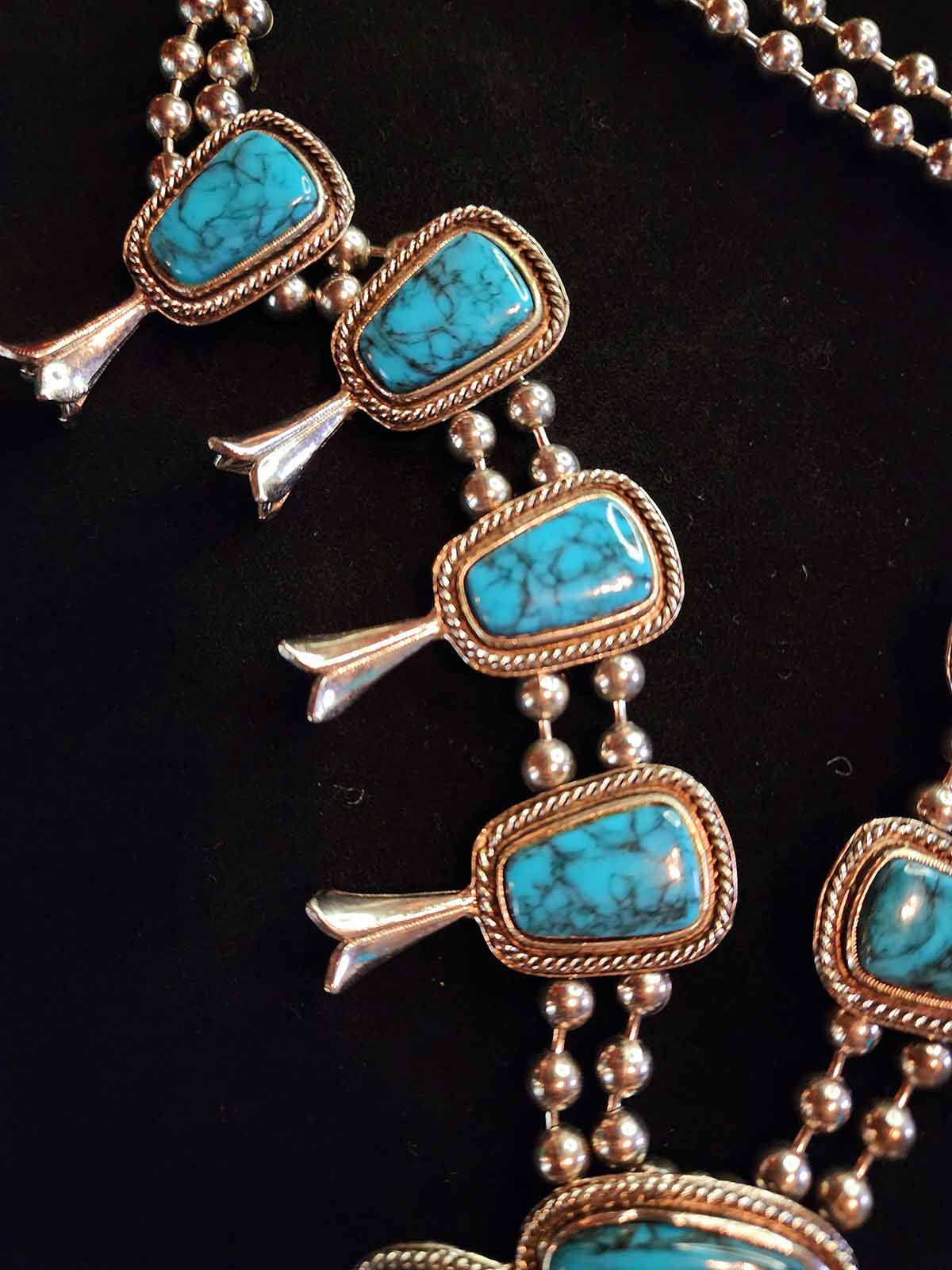 Vintage Pewter Faux Turquoise Squash Blossom Necklace