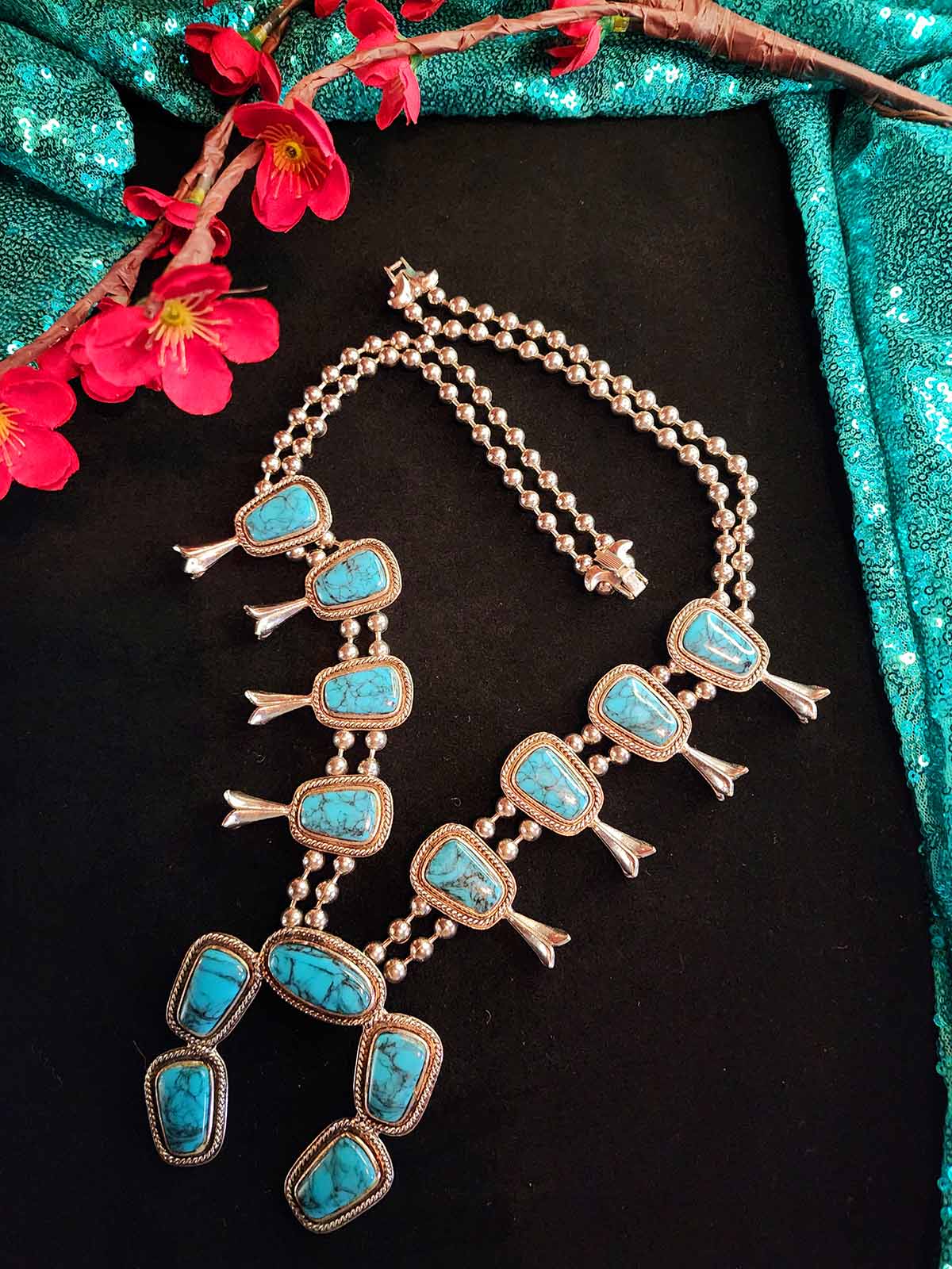 Vintage Pewter Faux Turquoise Squash Blossom Necklace