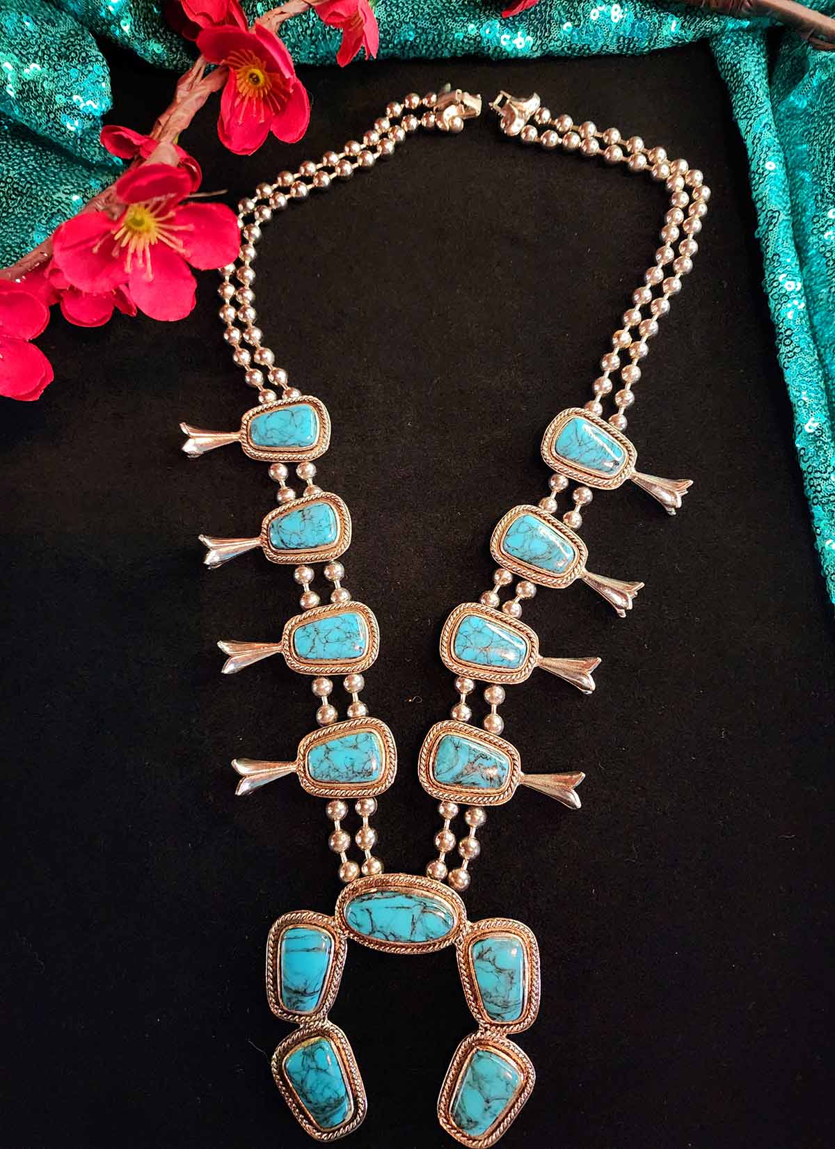 Vintage Pewter Faux Turquoise Squash Blossom Necklace
