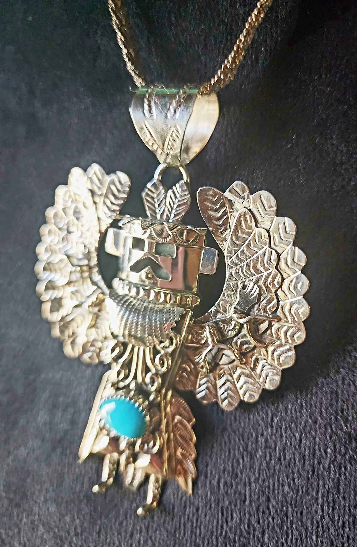 Alonzo Mariano Navajo Silver Plated Eagle Dancer Kachina Turquoise Pendant