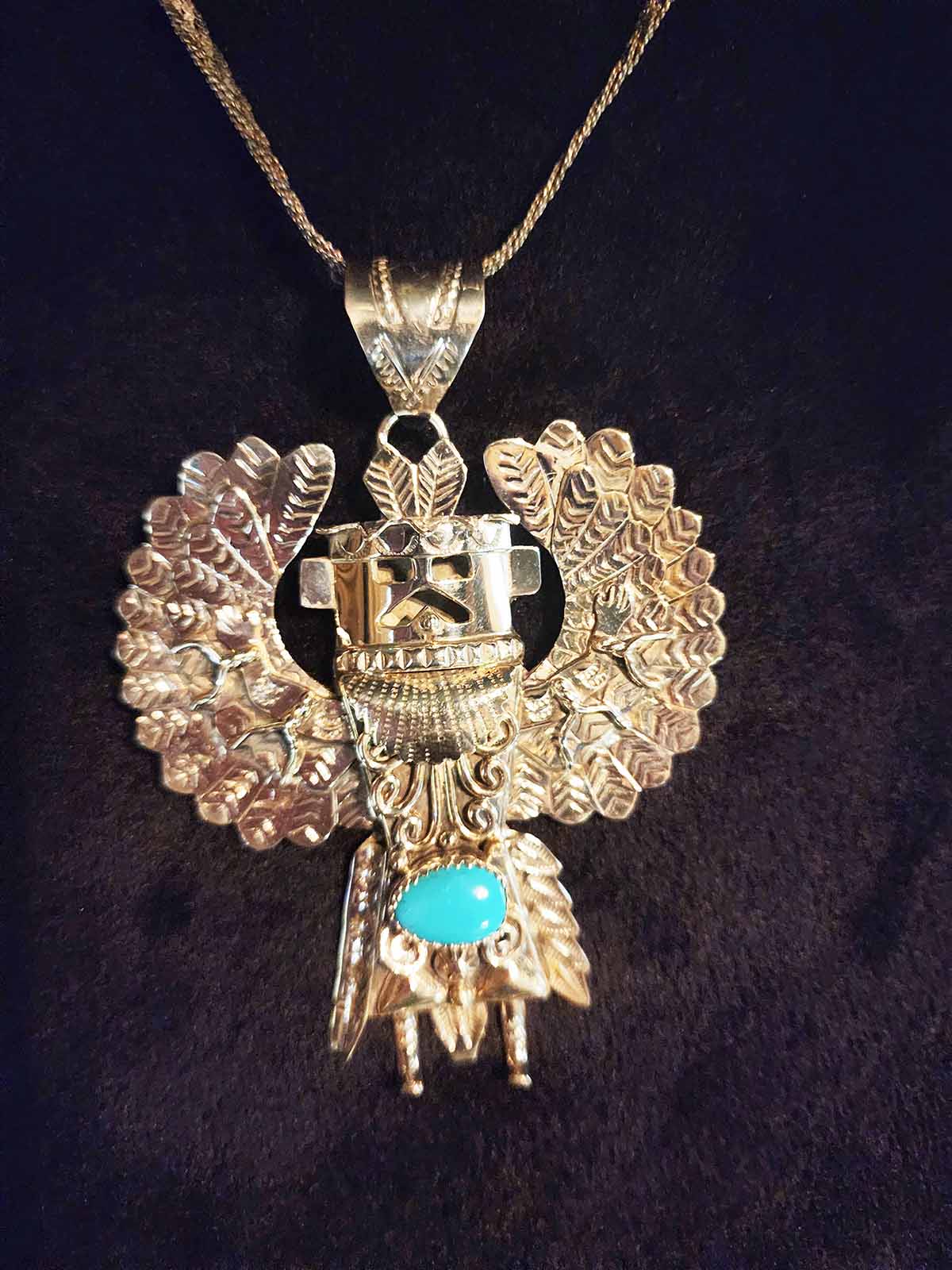 Alonzo Mariano Navajo Silver Plated Eagle Dancer Kachina Turquoise Pendant