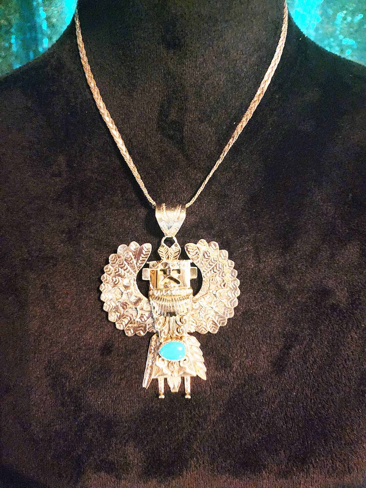 Alonzo Mariano Navajo Silver Plated Eagle Dancer Kachina Turquoise Pendant