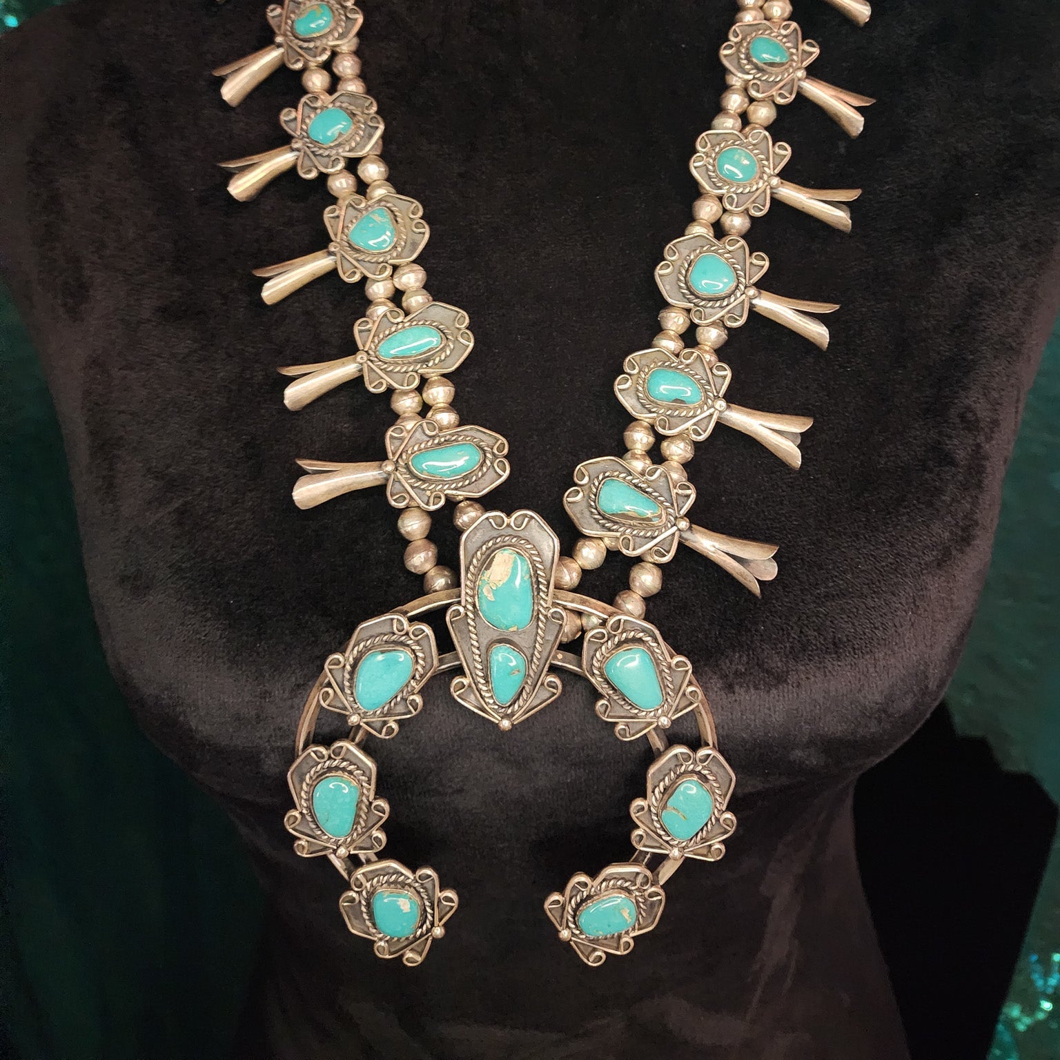 Vintage Navajo Sterling Silver Royston Turquoise Squash Blossom Necklace