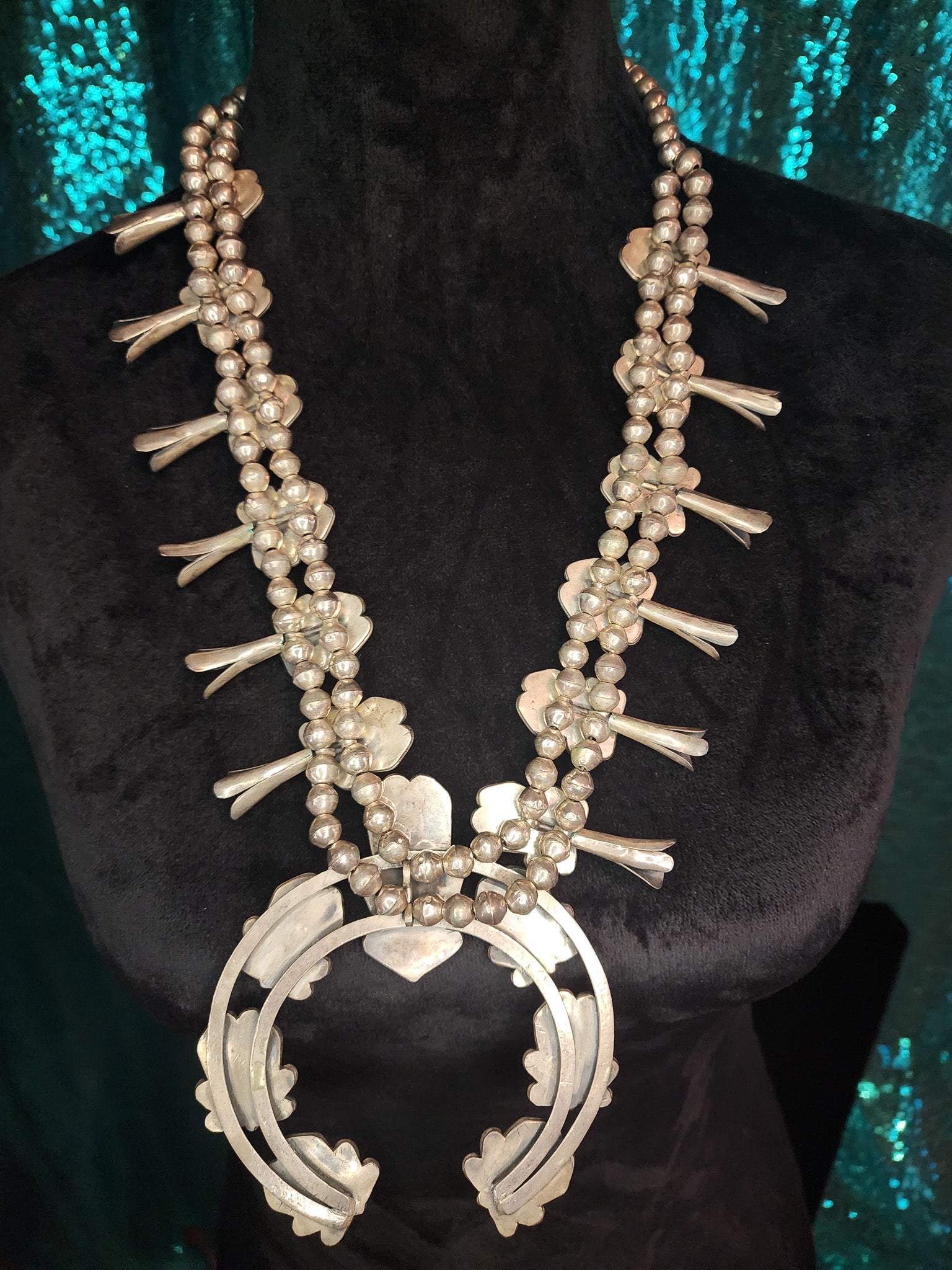 Vintage Navajo Sterling Silver Royston Turquoise Squash Blossom Necklace