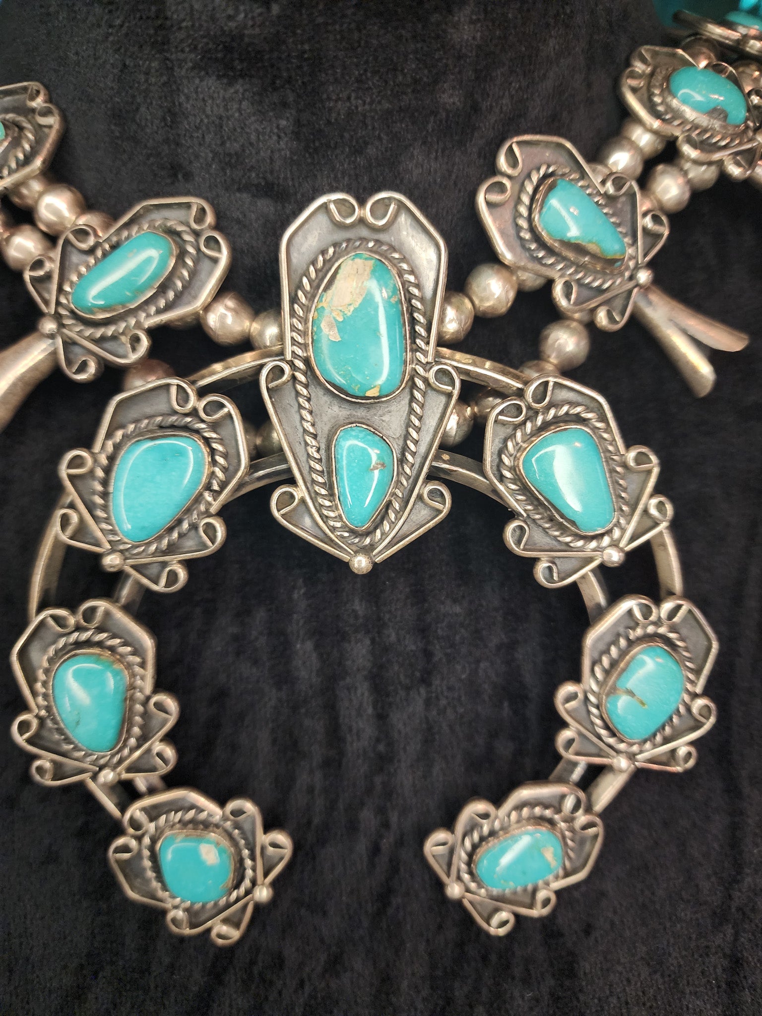 Vintage Navajo Sterling Silver Royston Turquoise Squash Blossom Necklace