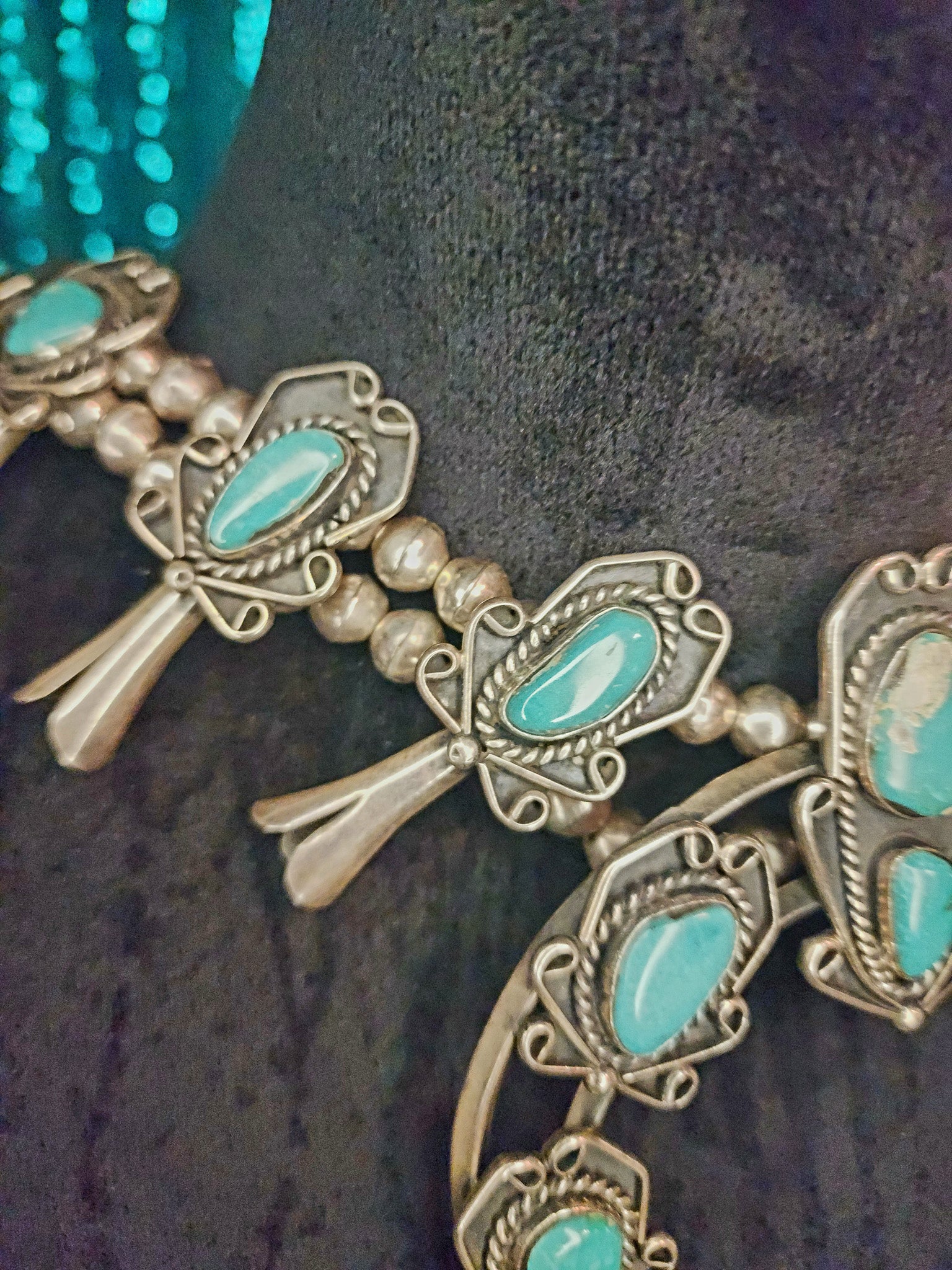 Vintage Navajo Sterling Silver Royston Turquoise Squash Blossom Necklace