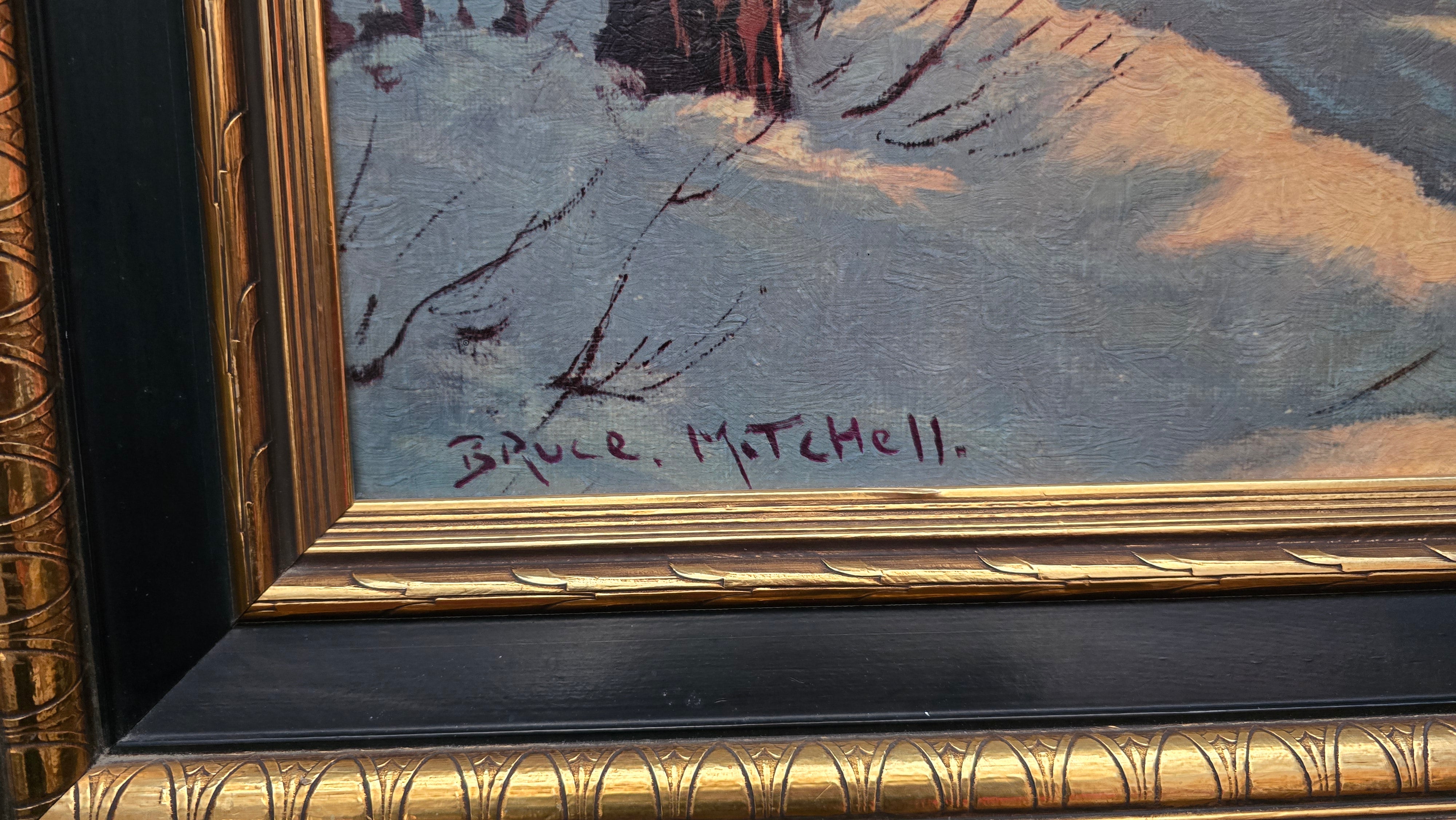 Framed Signed  Bruce Mitchell "Winter Retreat" Landscape Cabin in the Woods Painting