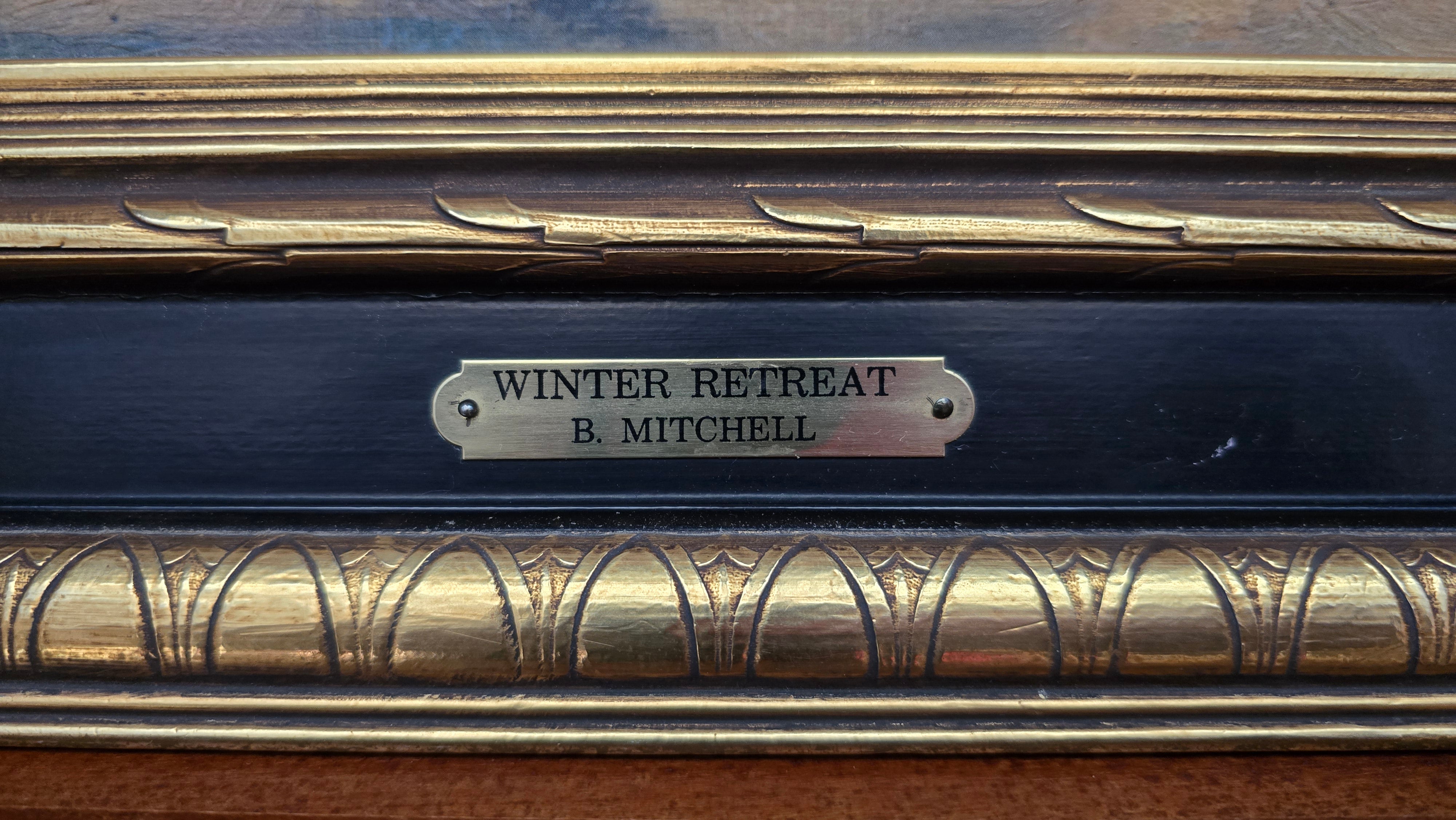 Framed Signed  Bruce Mitchell "Winter Retreat" Landscape Cabin in the Woods Painting