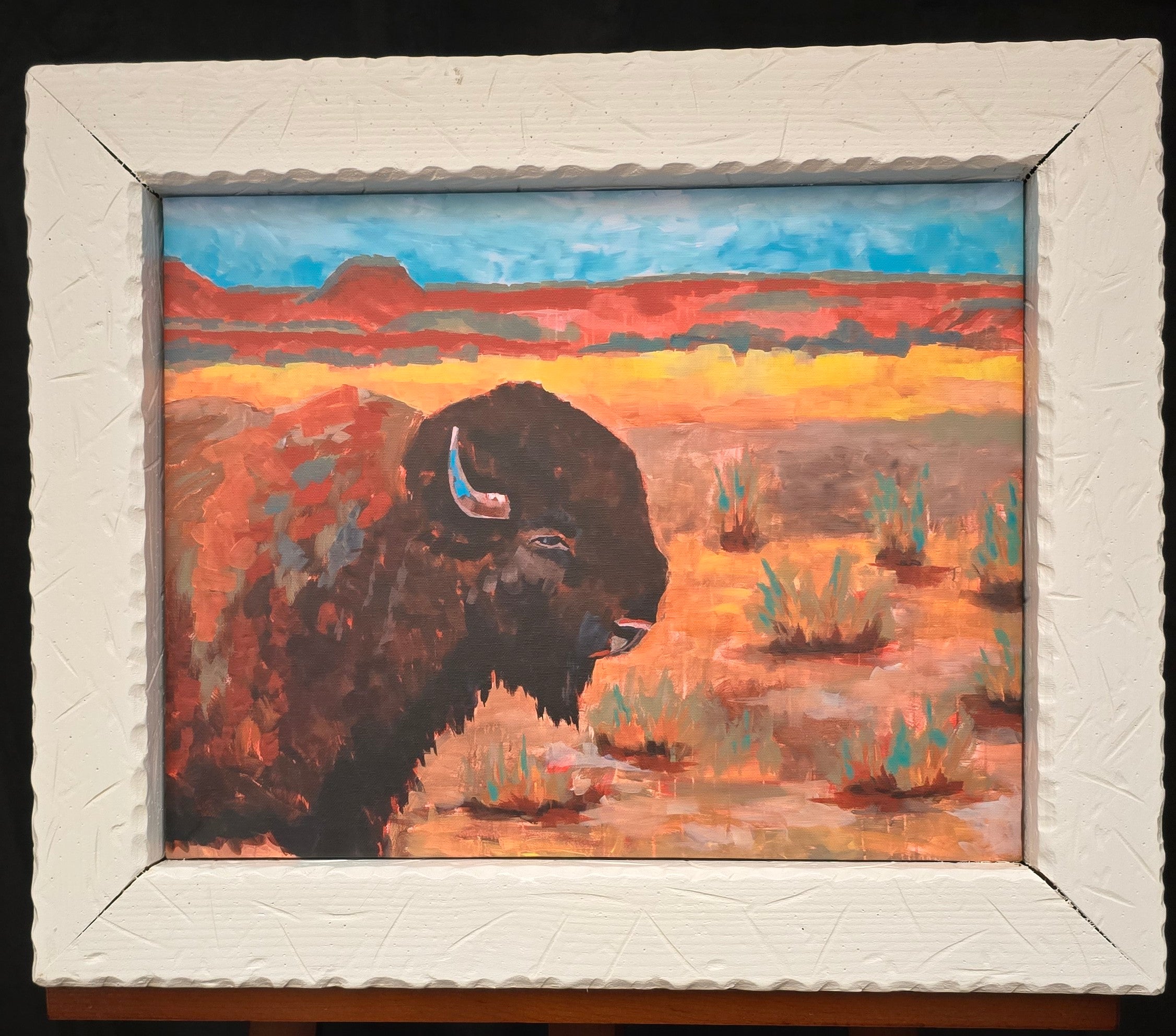 Custom White Solid Wood Framed Canvas Transfer Print of Buffalo at the Ridge