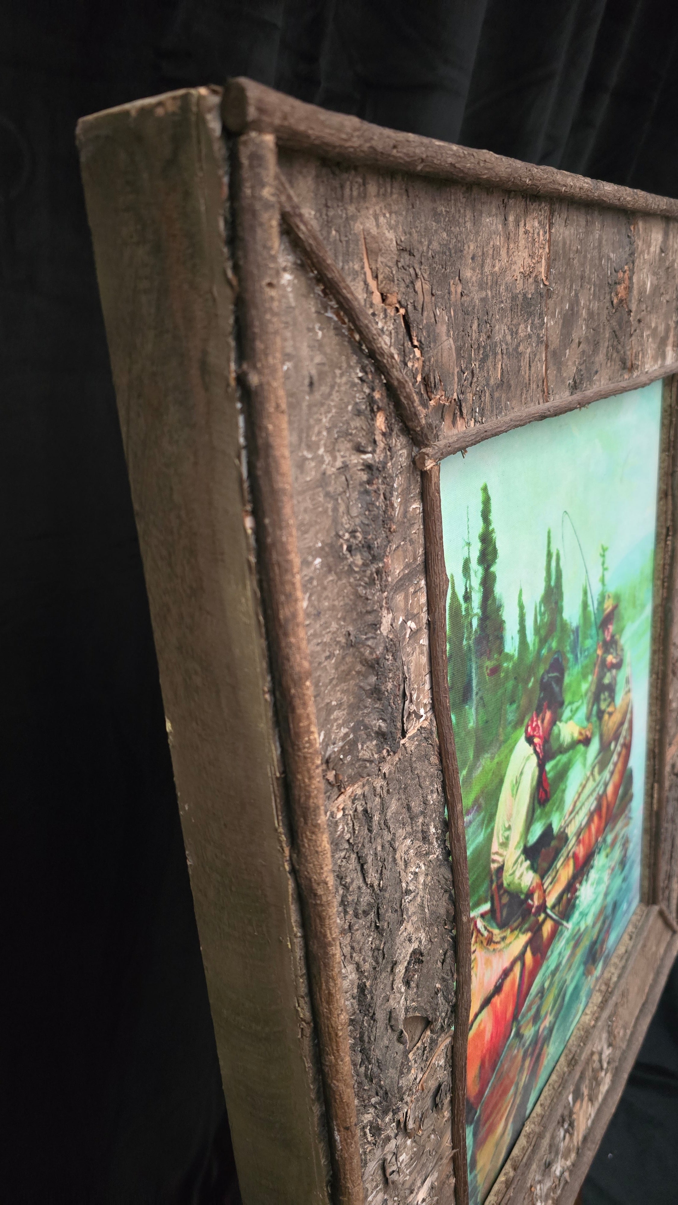 "Reeling in a Big One" By Jimi McKee Canvas Transfer with Custom Birch Bark Adirondack Style Frame