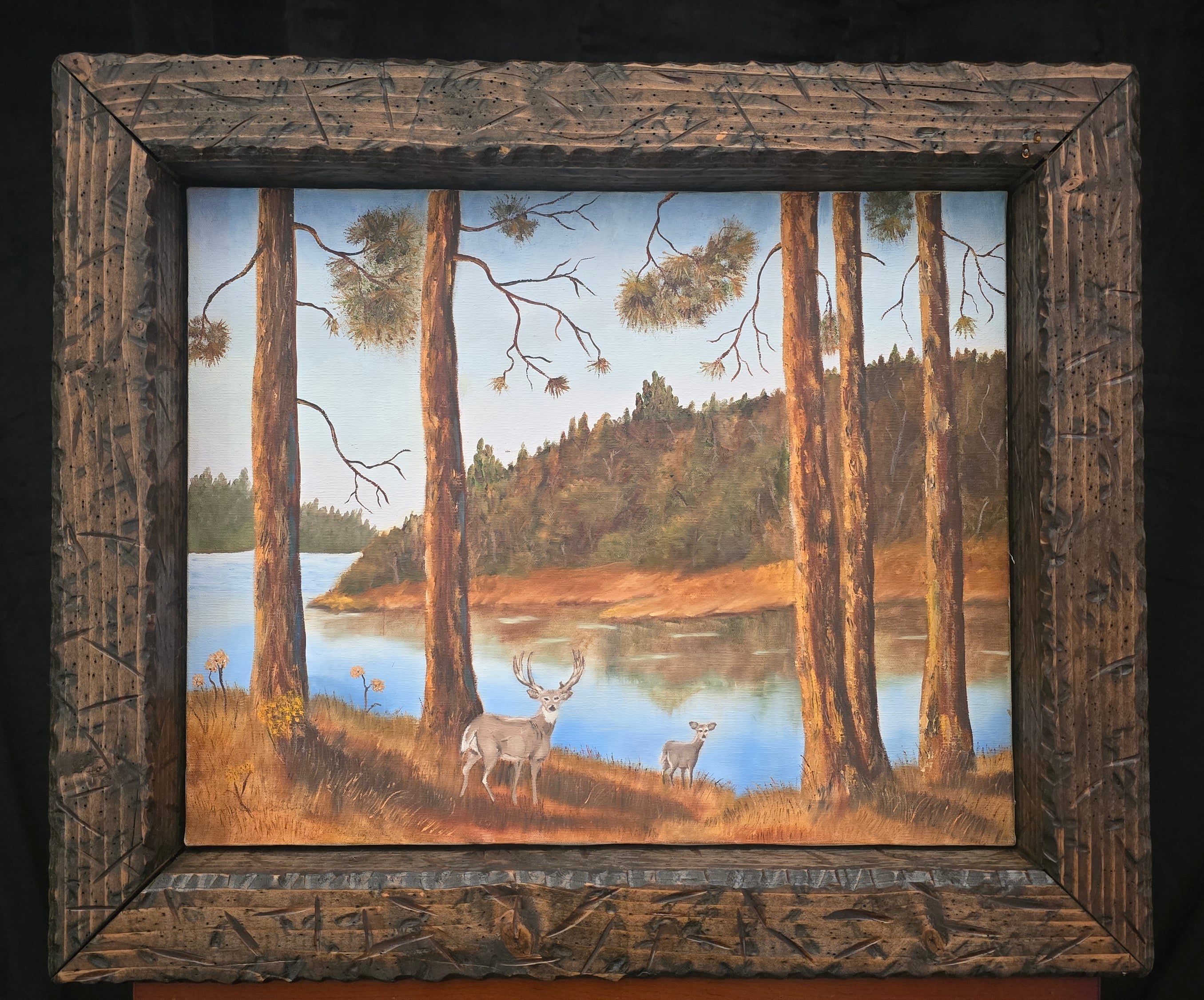 Original Angie Stam Acrylic on Canvas Deer in by the Forest Lake Painting with Custom Solid Distressed Wood Frame