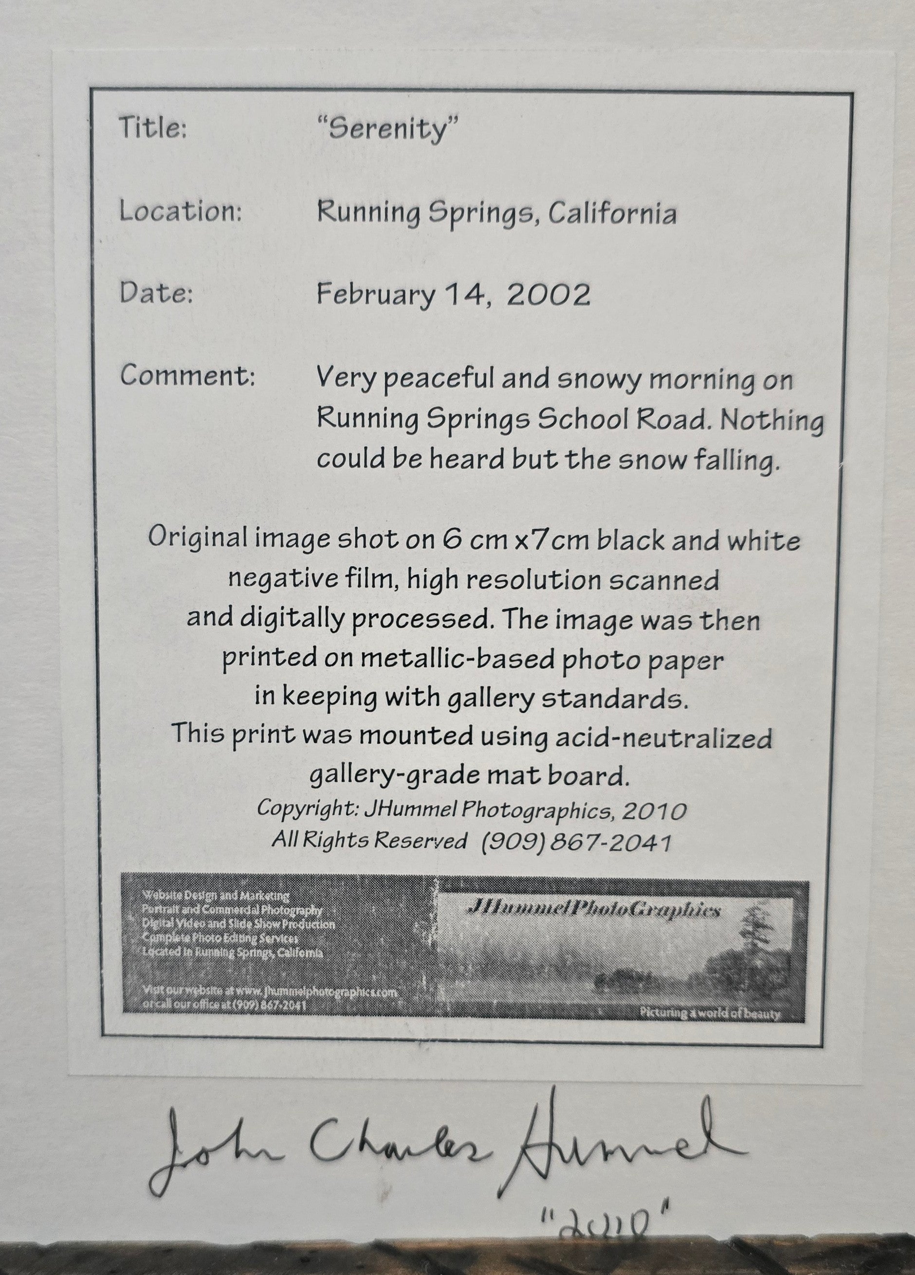 Black & White "Serenity" Photograph by John Charles Hummel in Running Springs 2002