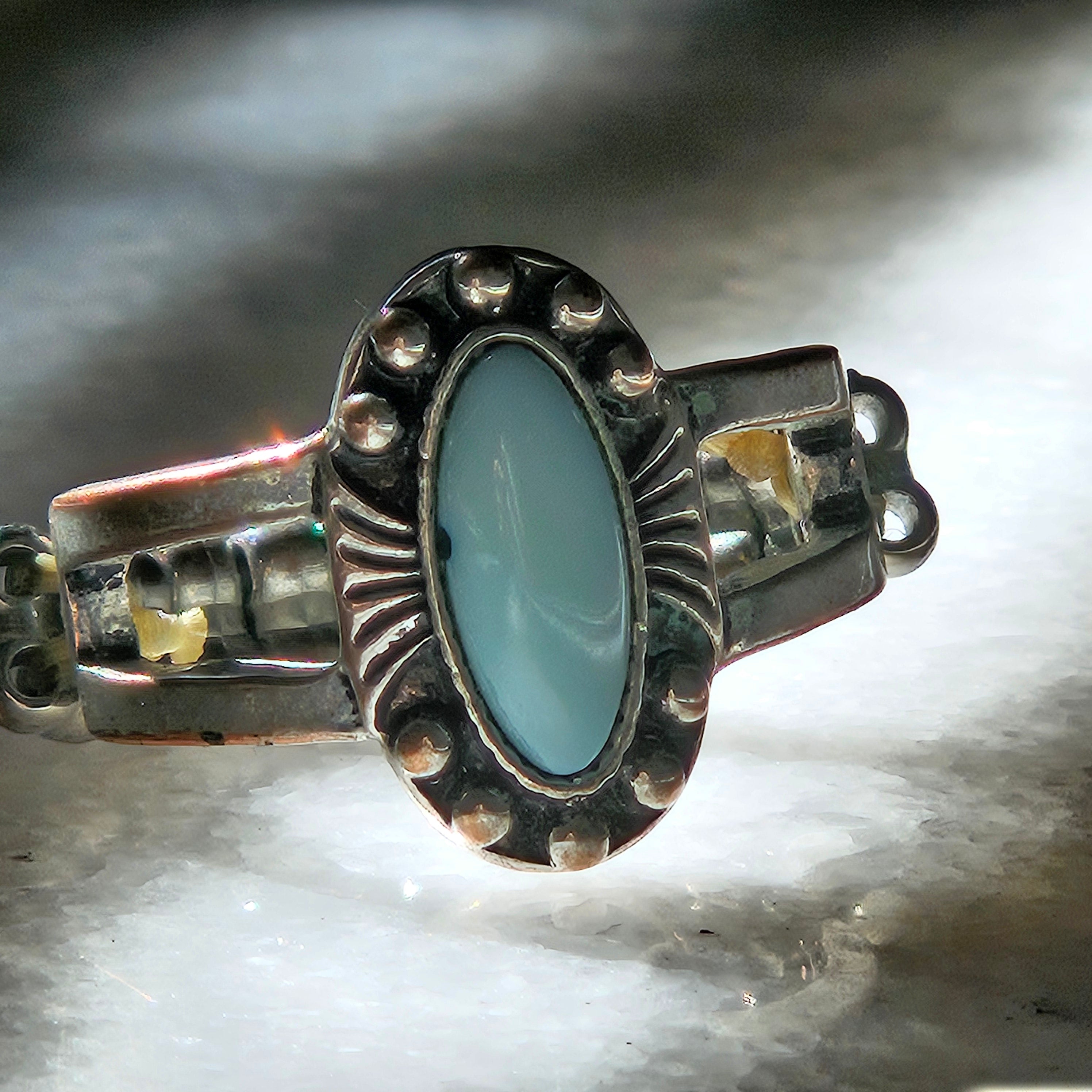 Blue Faux Turquoise and Alloy Plated Silver Adjustable Ring Size 7-10