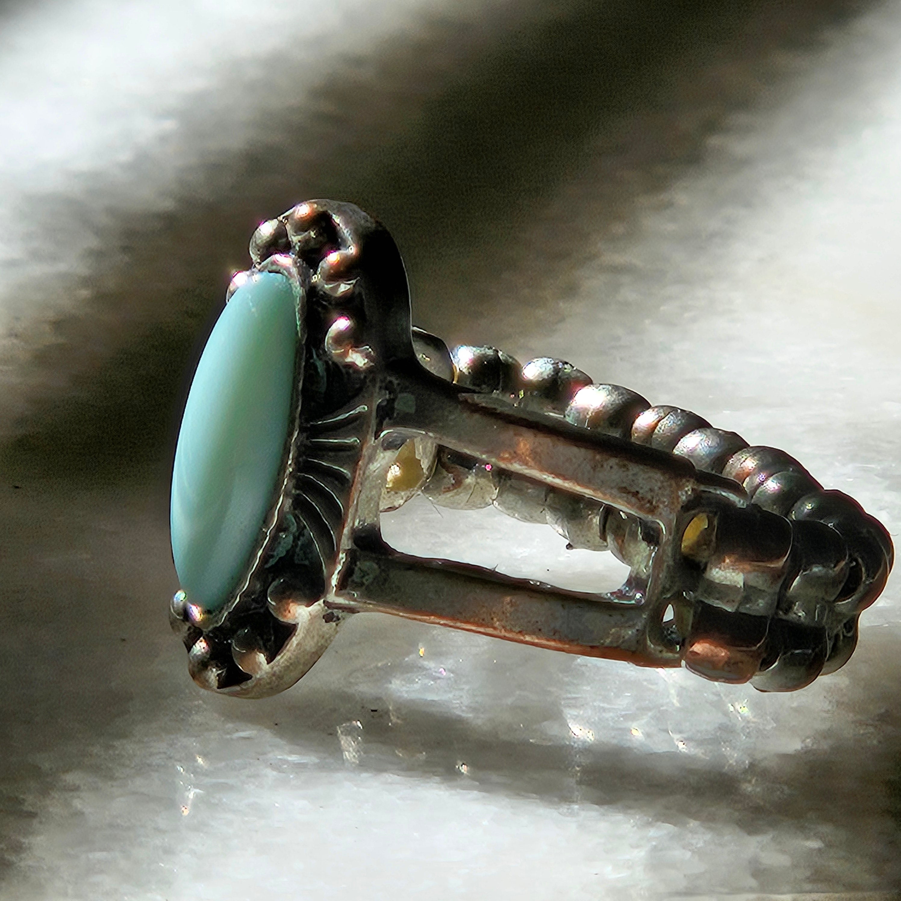 Blue Faux Turquoise and Alloy Plated Silver Adjustable Ring Size 7-10