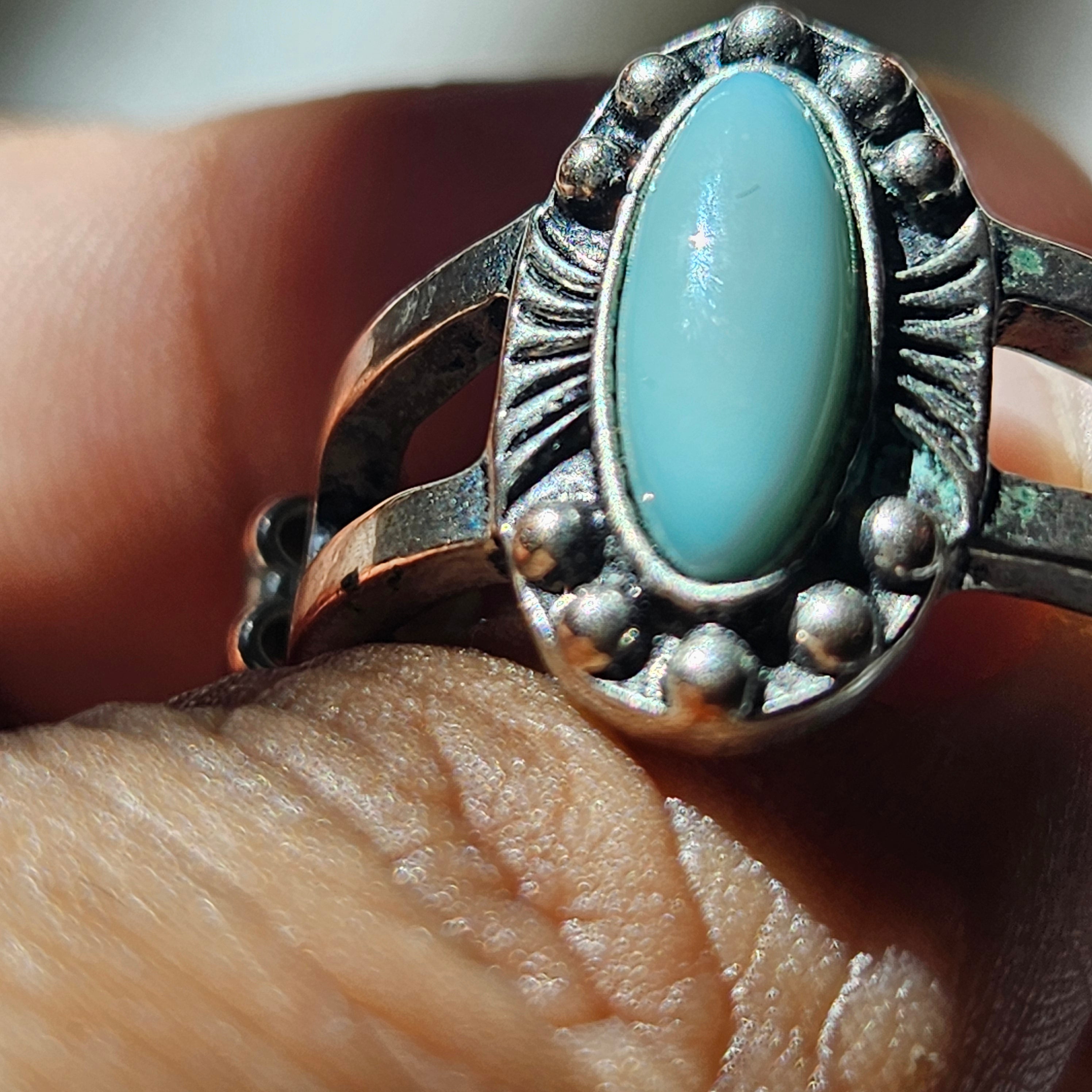 Blue Faux Turquoise and Alloy Plated Silver Adjustable Ring Size 7-10