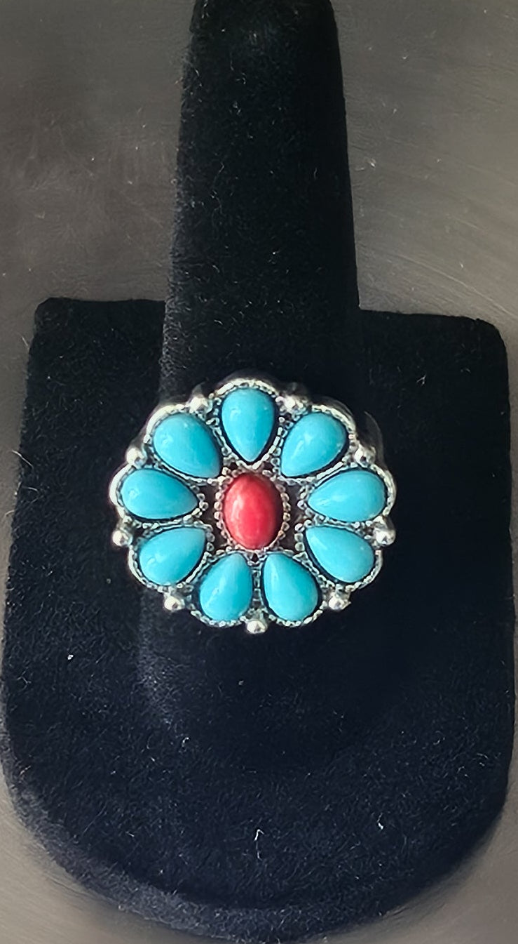 Large Faux Turquoise Alloy Plated Silver Flower Ring Size 6