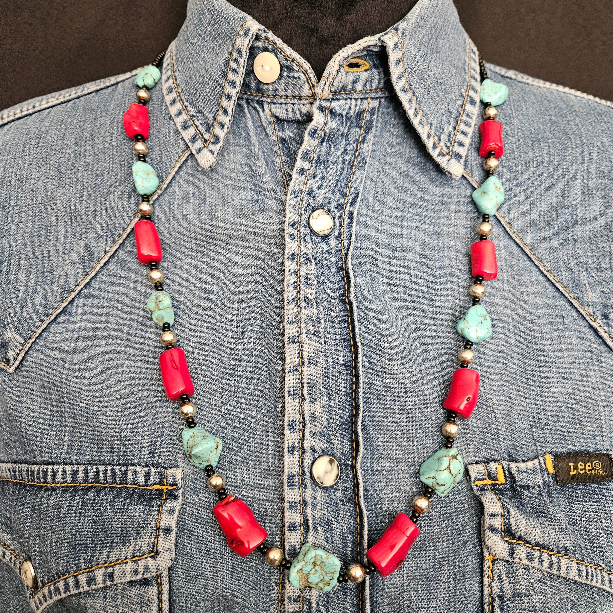 Turquoise Dyed Howlite and Bright Red Faux Coral Necklace