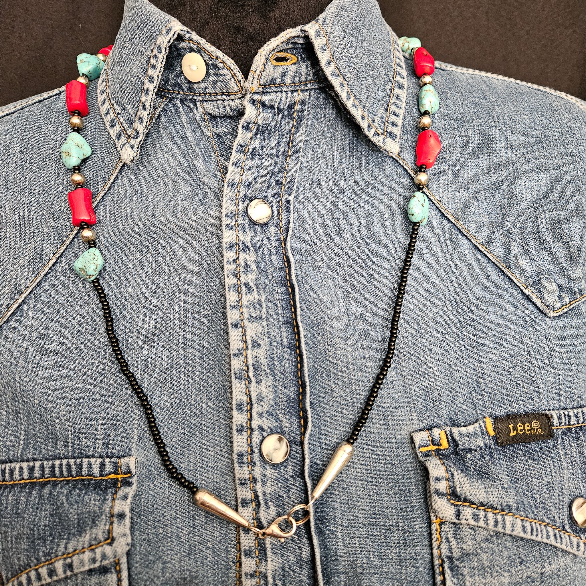 Turquoise Dyed Howlite and Bright Red Faux Coral Necklace