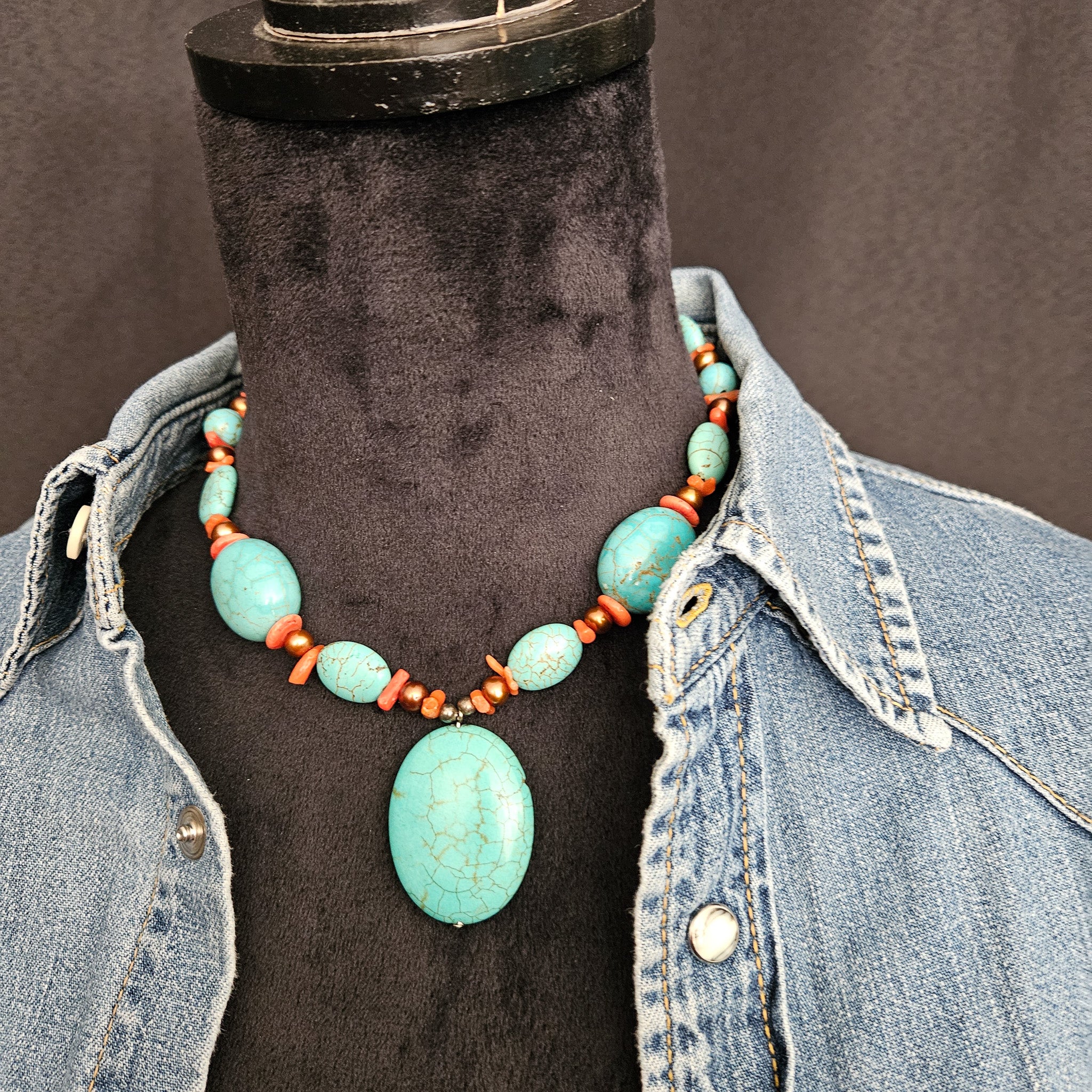 Turquoise Dyed Howlite Stone and Coral Necklace