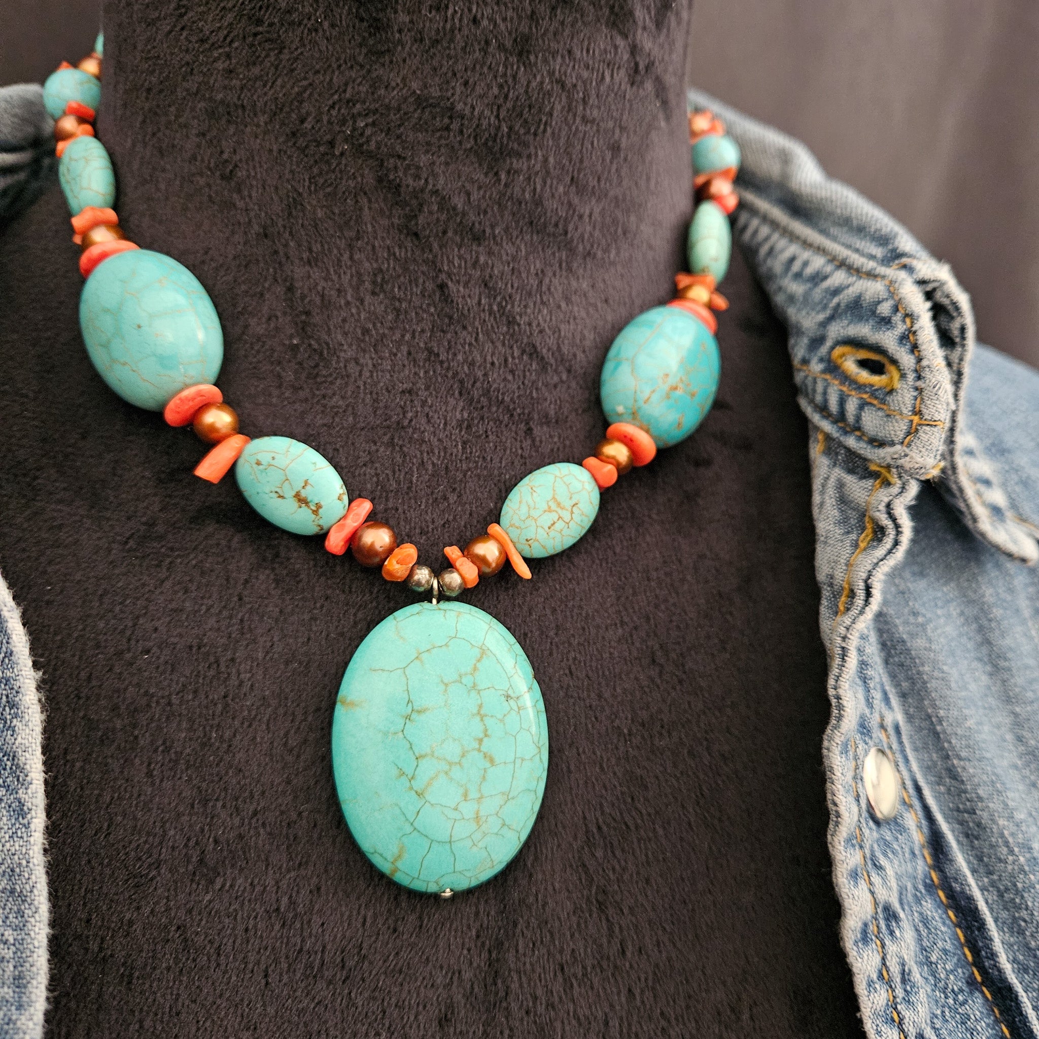 Turquoise Dyed Howlite Stone and Coral Necklace
