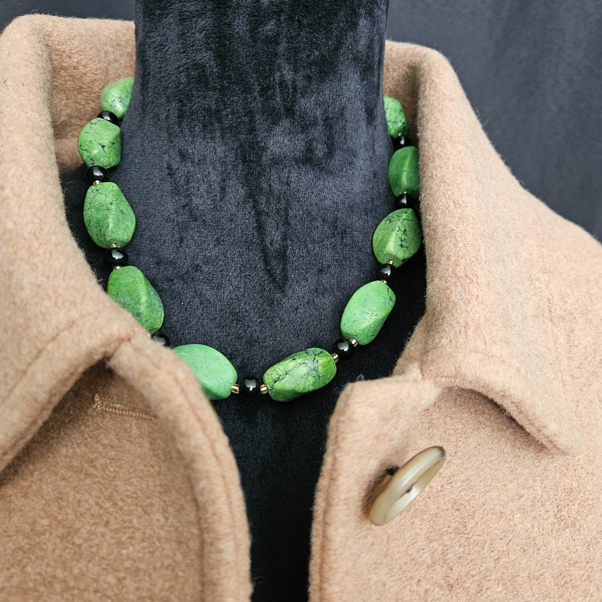 Green Gasperetti Stone and Obsidian Bead Necklace