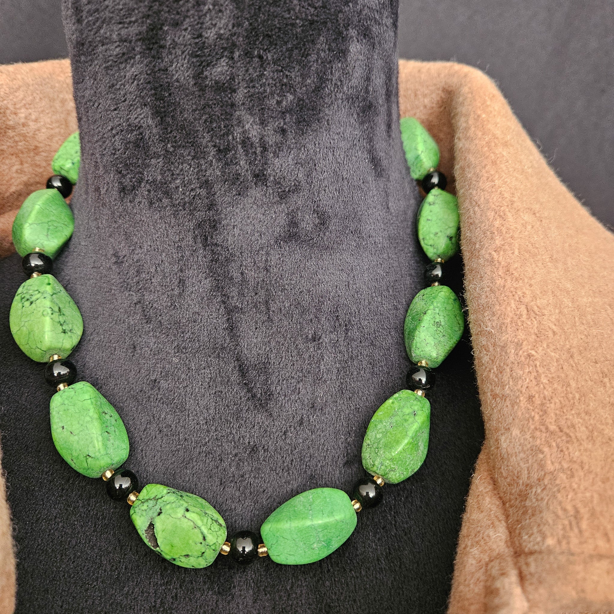 Green Gasperetti Stone and Obsidian Bead Necklace