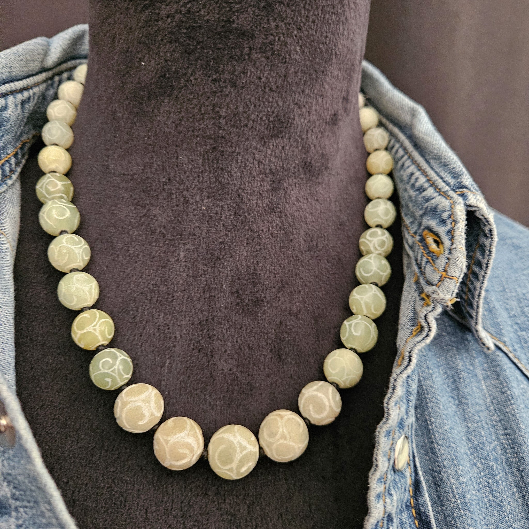 Intricately Carved Light Green Agate Beaded Necklace