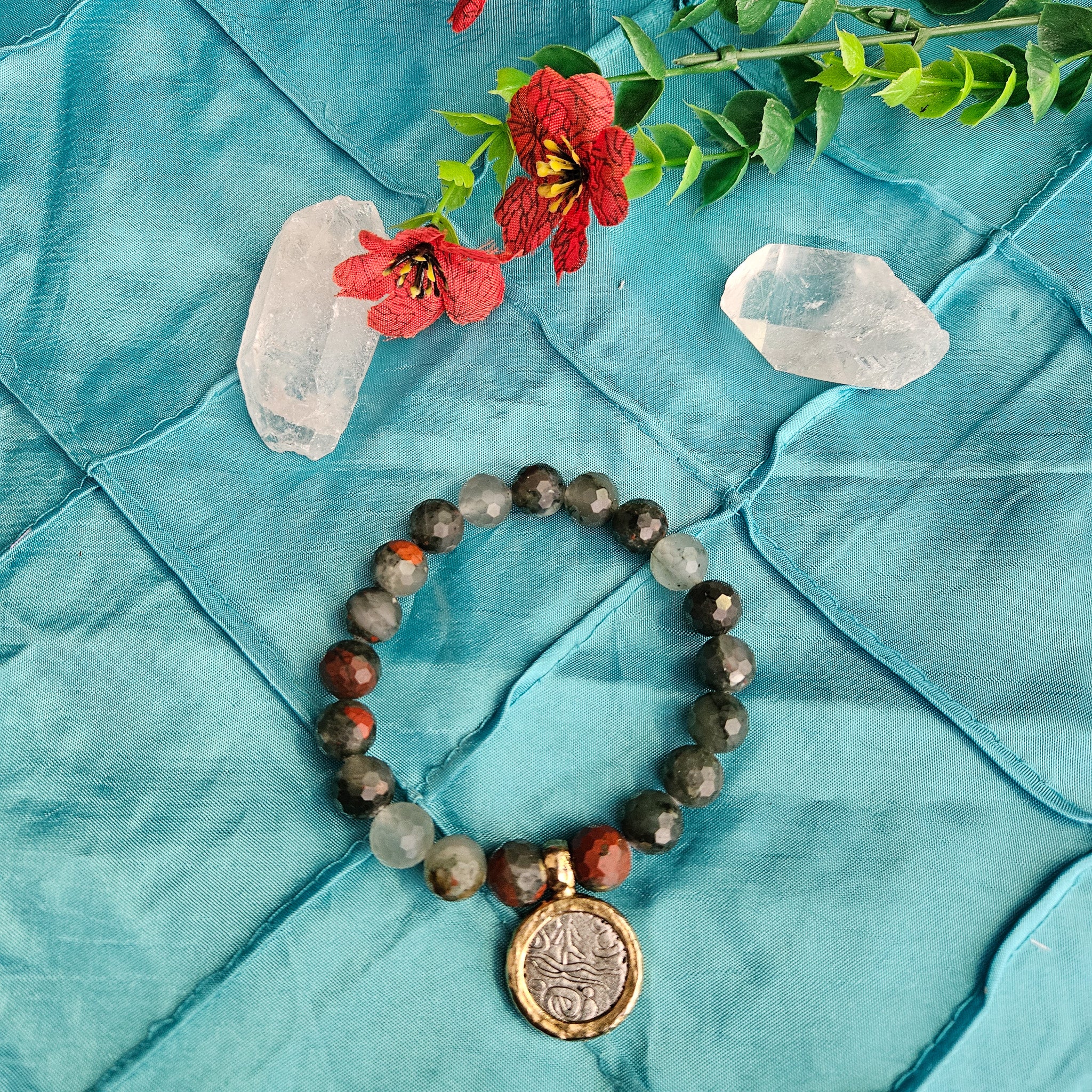 Dark Green and Brown Beaded Charm Bracelet