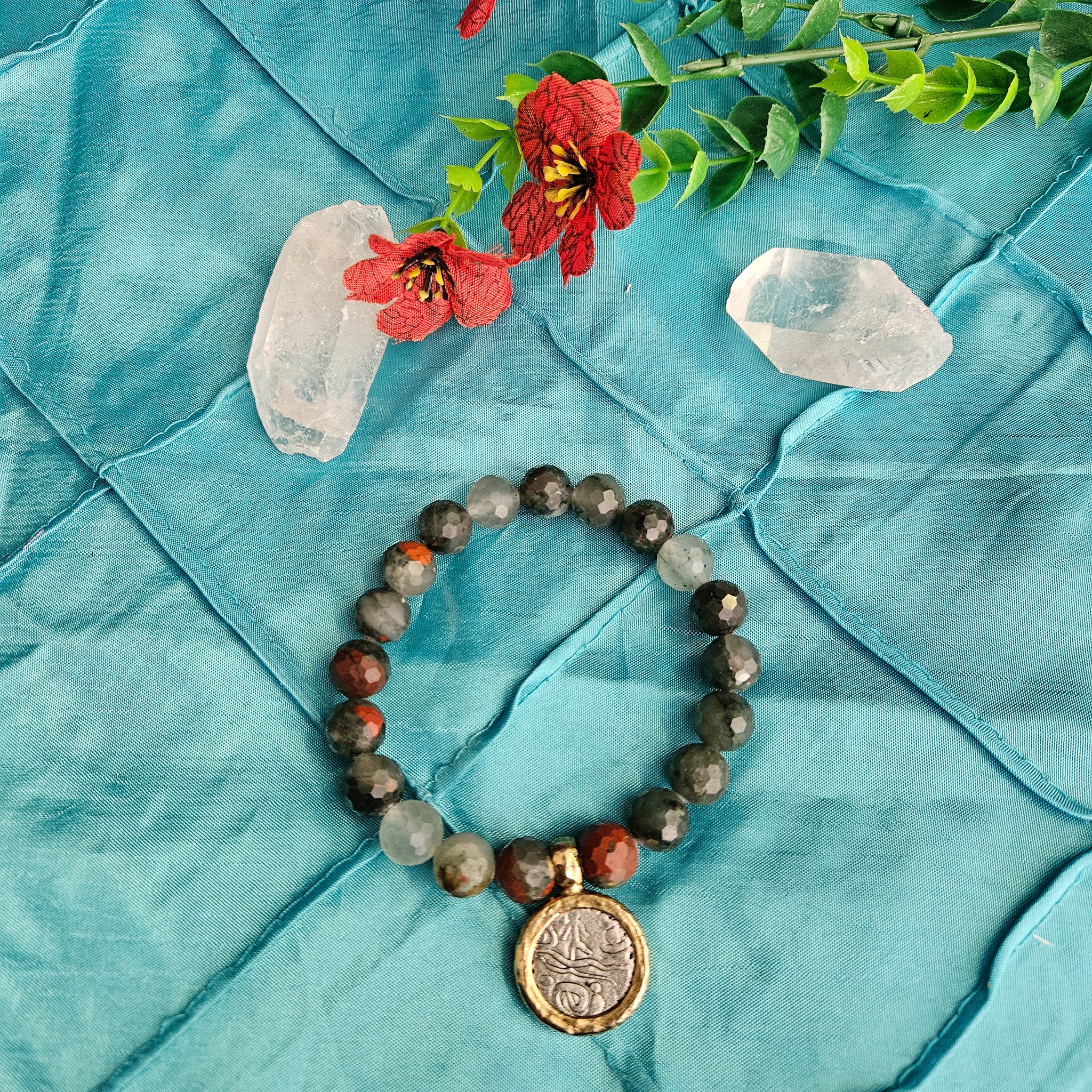 Dark Green and Brown Beaded Charm Bracelet