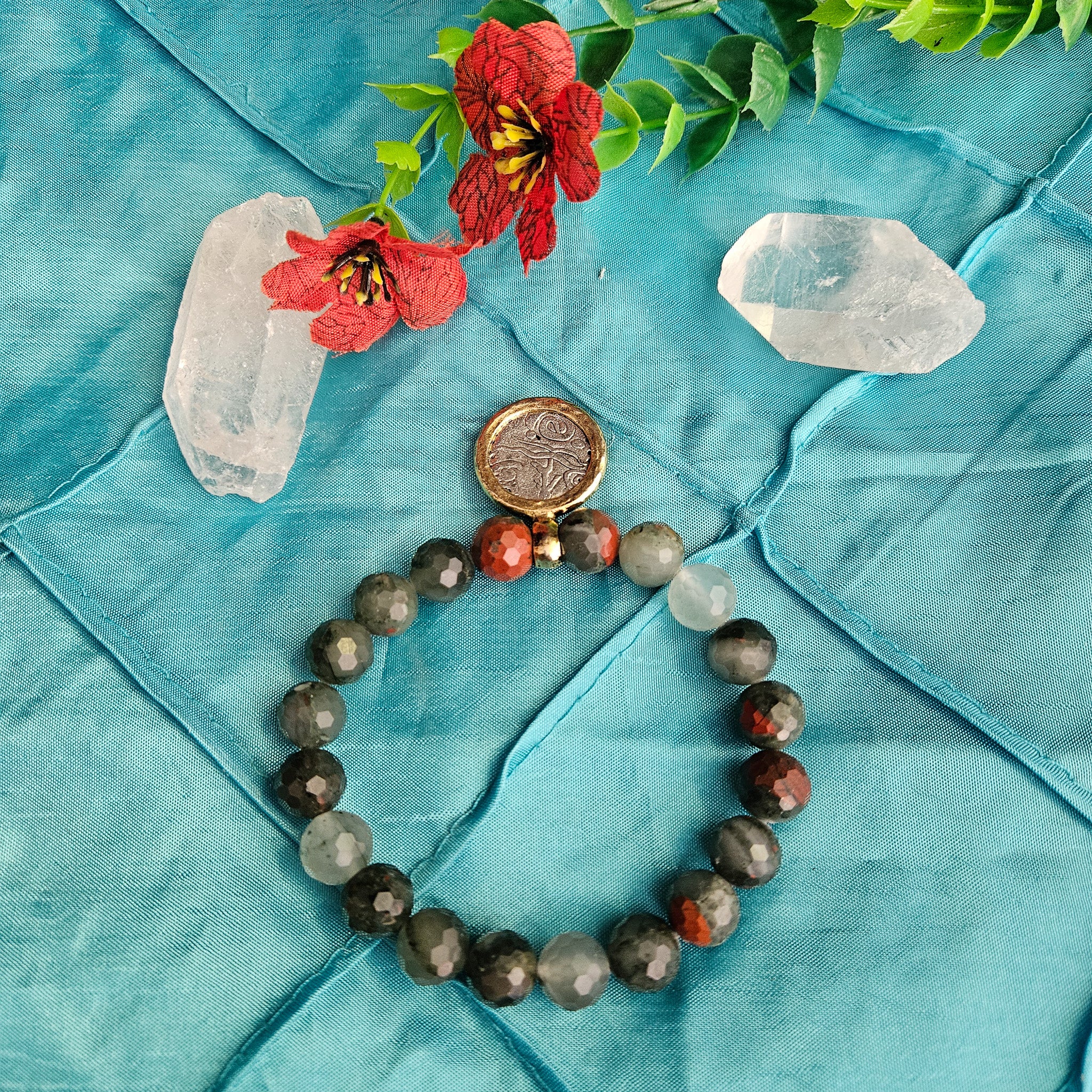 Dark Green and Brown Beaded Charm Bracelet