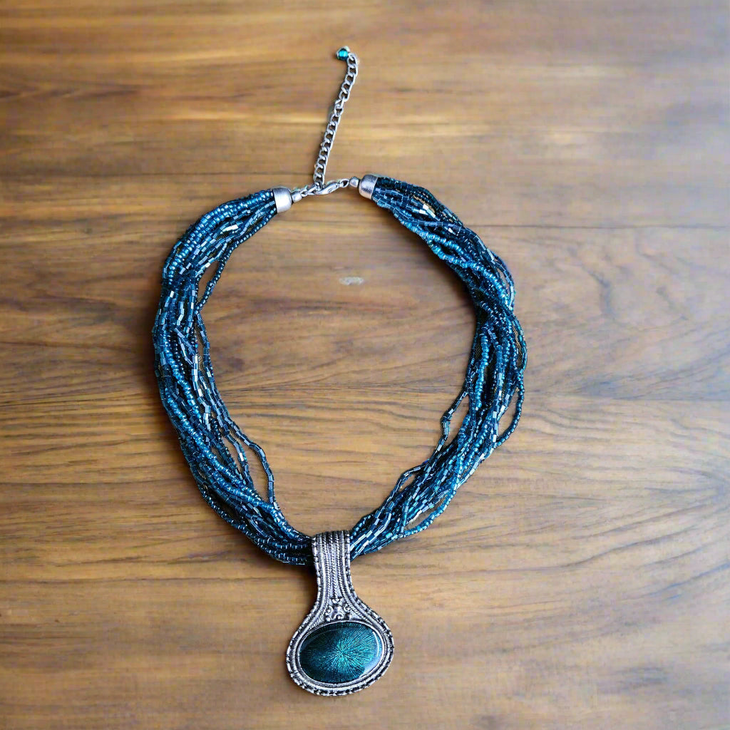 Teal Blue Beaded and Sterling Silver Blue Charm