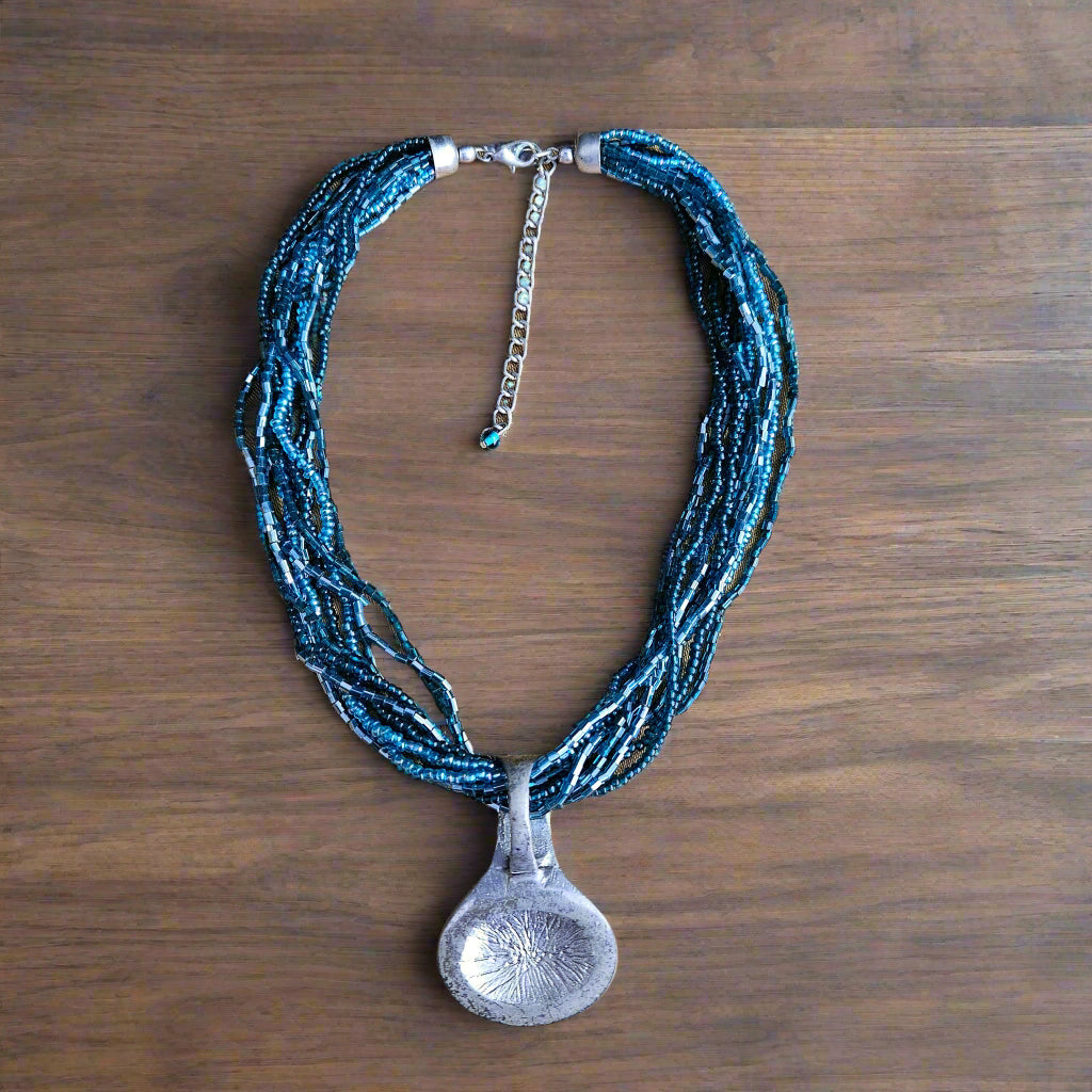 Teal Blue Beaded and Sterling Silver Blue Charm