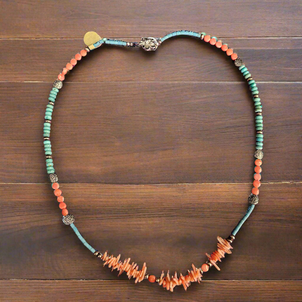 Turquoise and Coral Hand-crafted Beaded Necklace