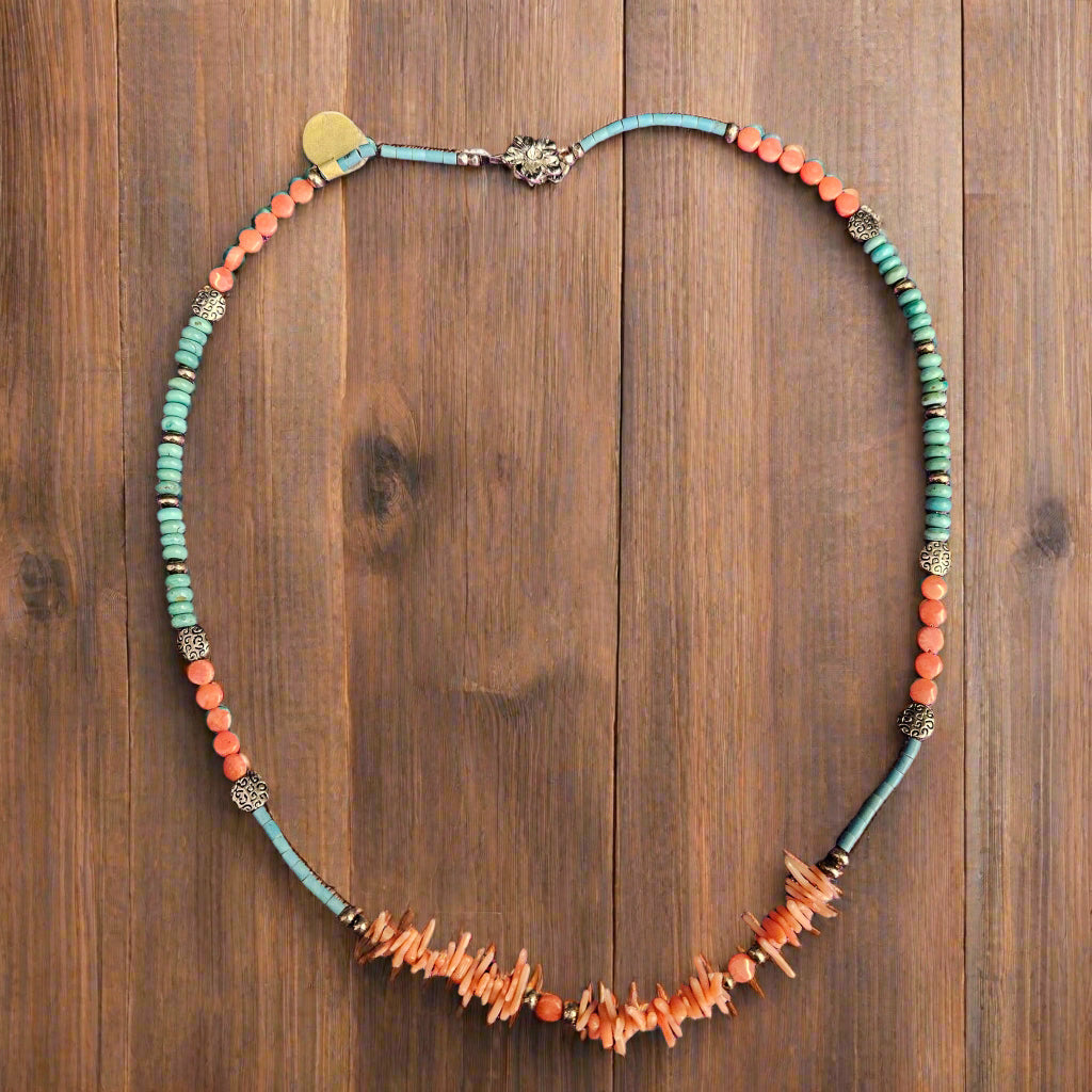 Turquoise and Coral Hand-crafted Beaded Necklace