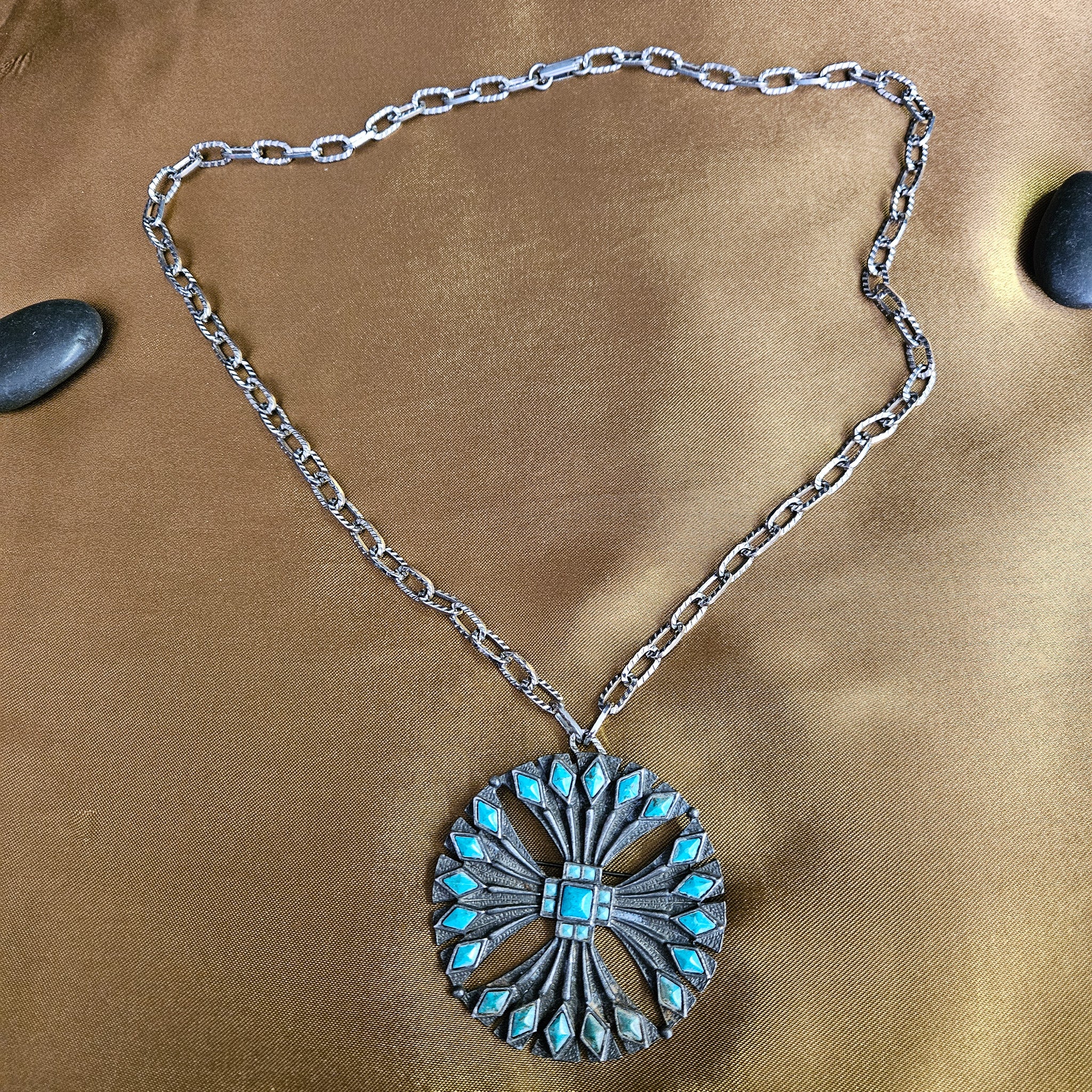 Turquoise Dyed Stone Cross Style Pendant on a Paper Clip Silver Chain