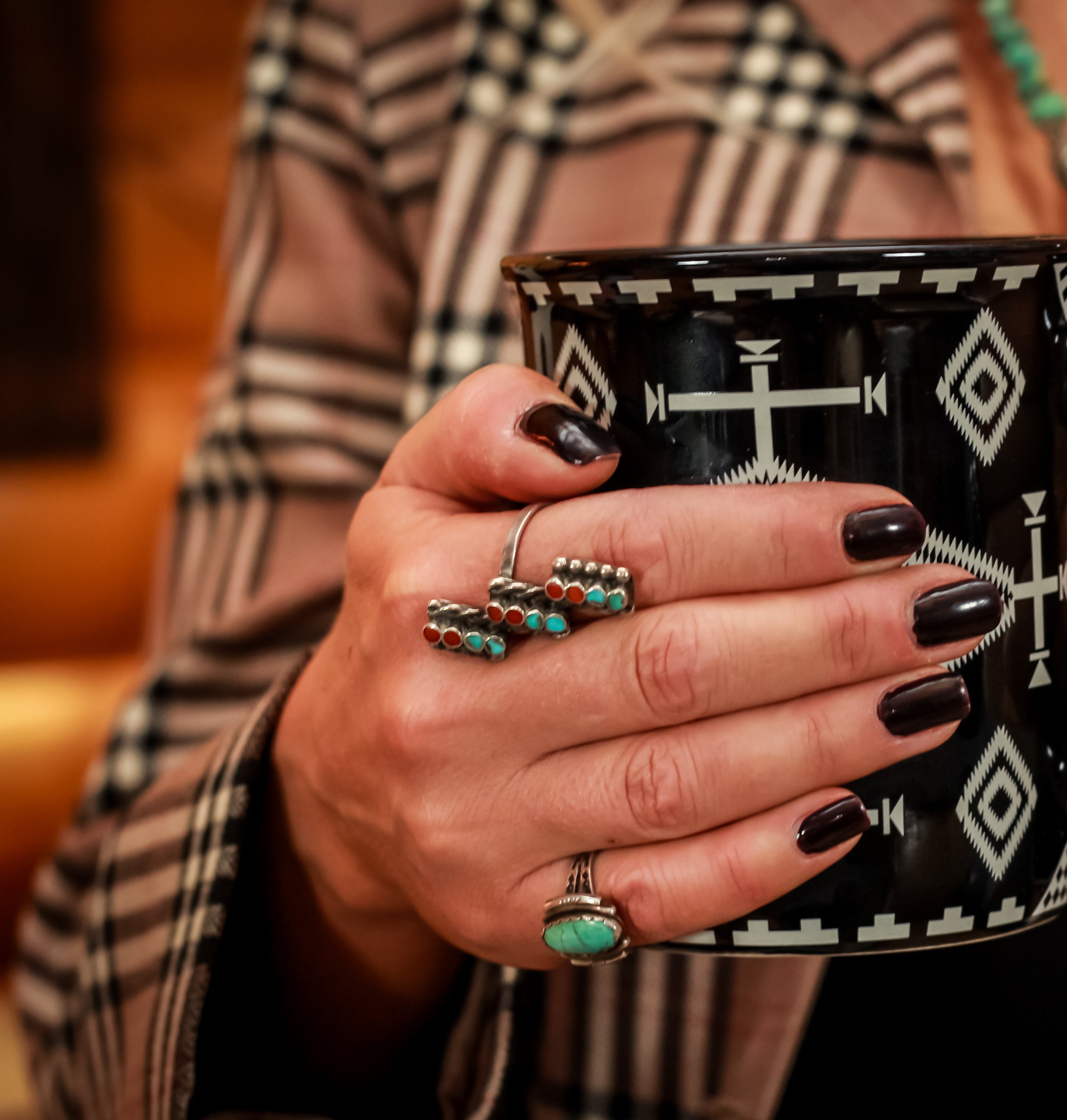 Old Dishta Zuni Sterling Silver Turquoise and Red Coral Triple Row Ring size 8