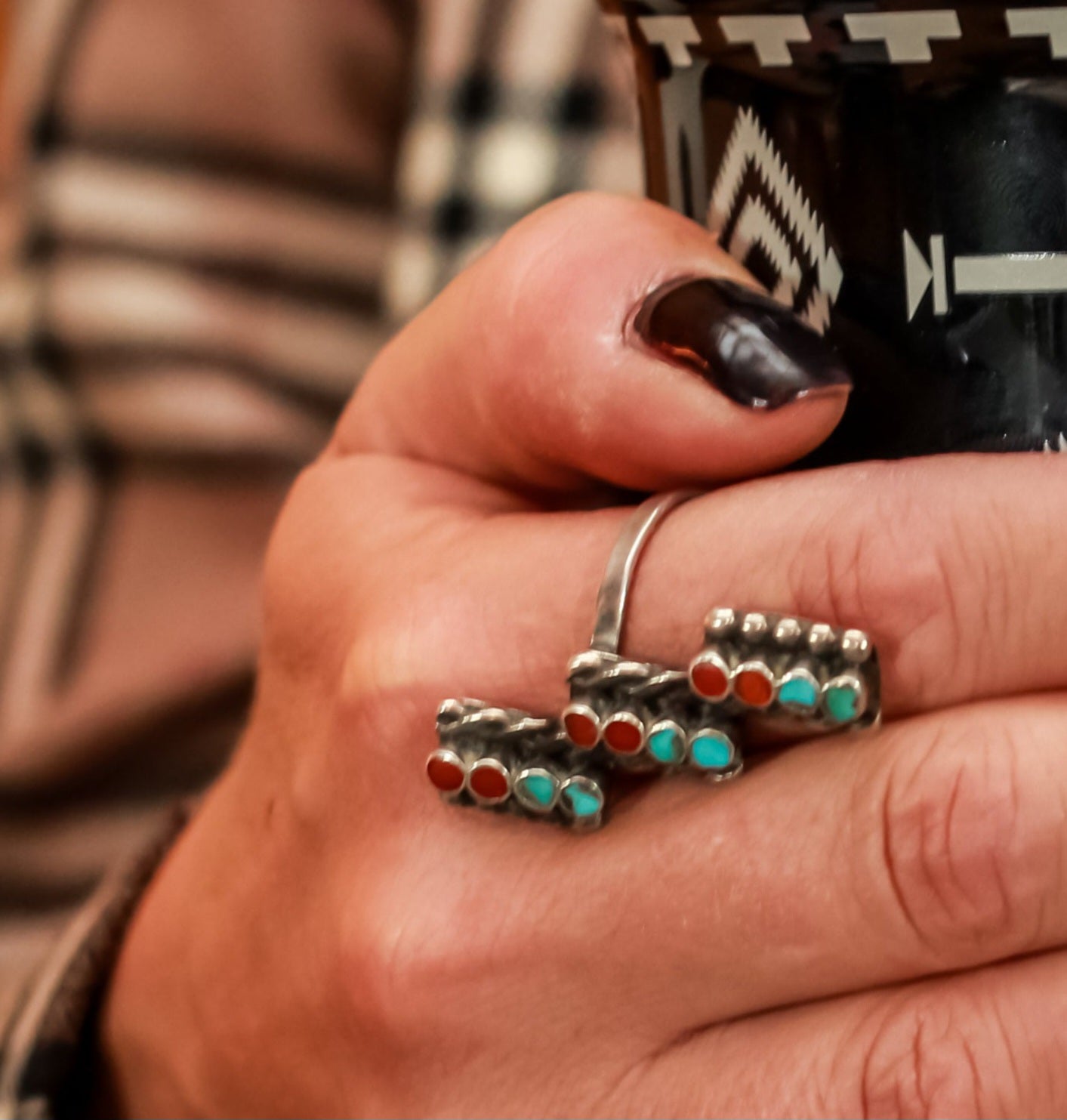 Old Dishta Zuni Sterling Silver Turquoise and Red Coral Triple Row Ring size 8