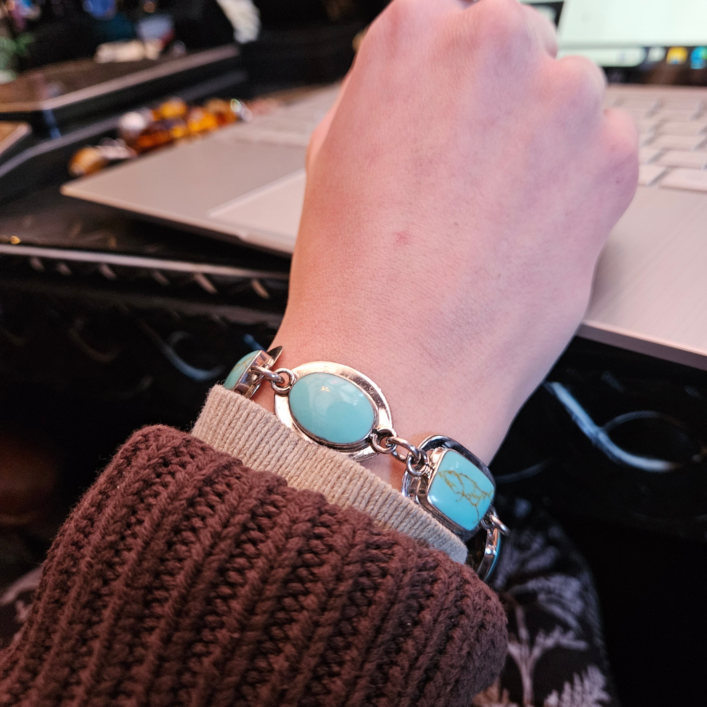 Sterling Silver Link Bracelet with 5 Royston Turquoise Gemstones From Mexico