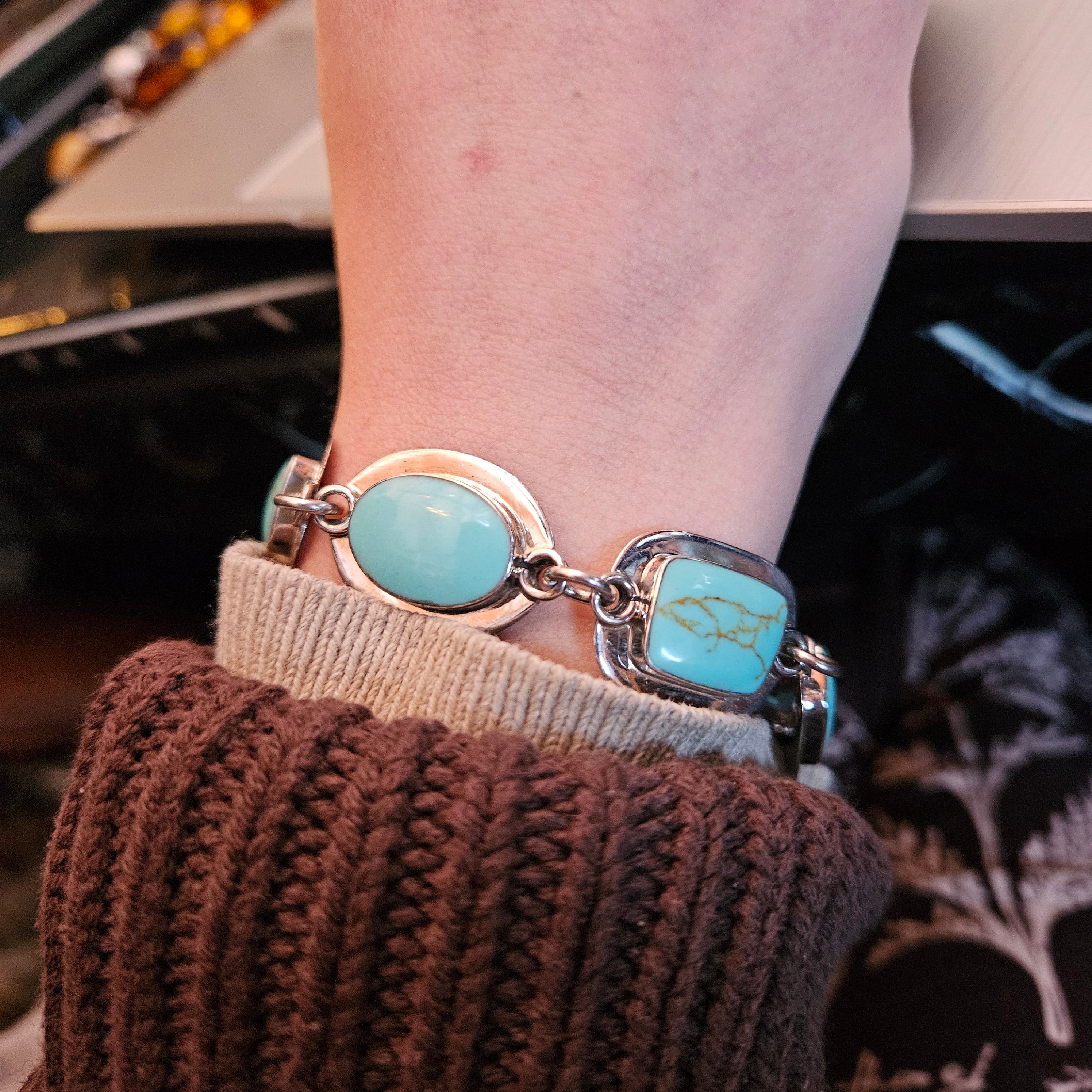 Sterling Silver Link Bracelet with 5 Royston Turquoise Gemstones From Mexico