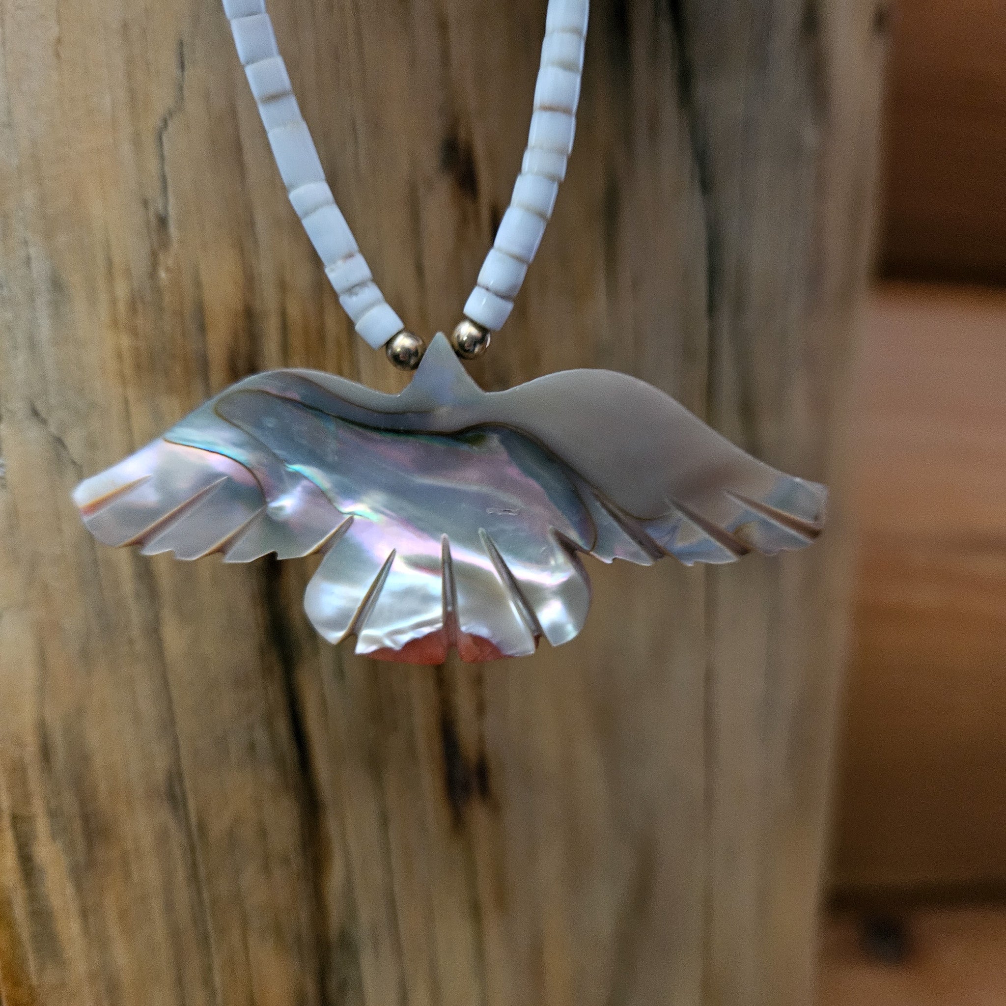 Native American Navajo Necklace with Shell Beads and an Abalone Shell Bird Pendant