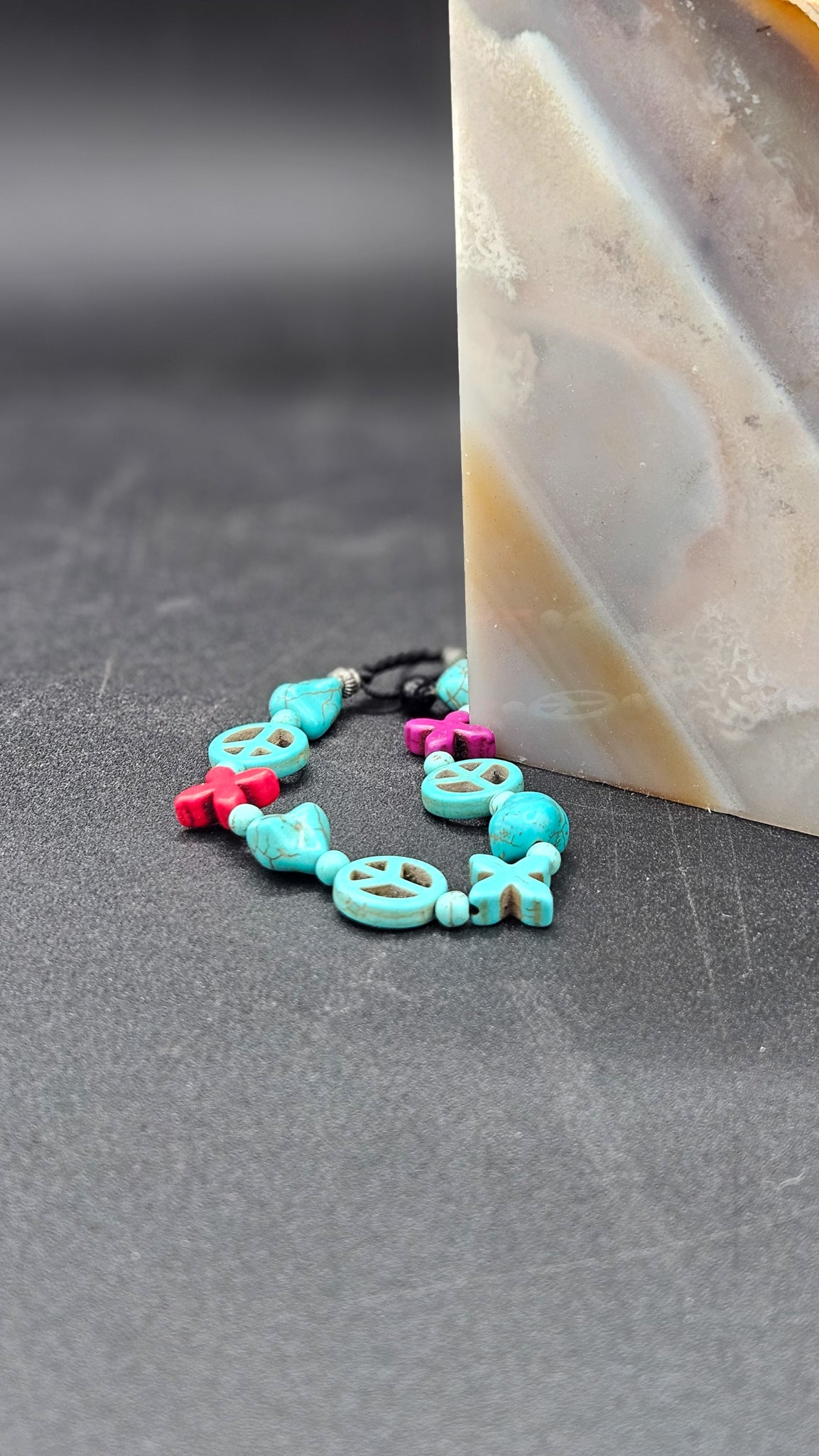 Beaded Pull-String Bracelet with Turquoise & Red Color Beads with Peace Charms