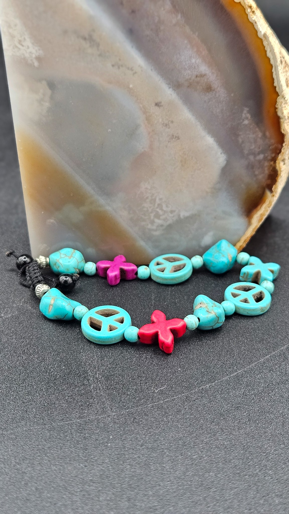 Beaded Pull-String Bracelet with Turquoise & Red Color Beads with Peace Charms