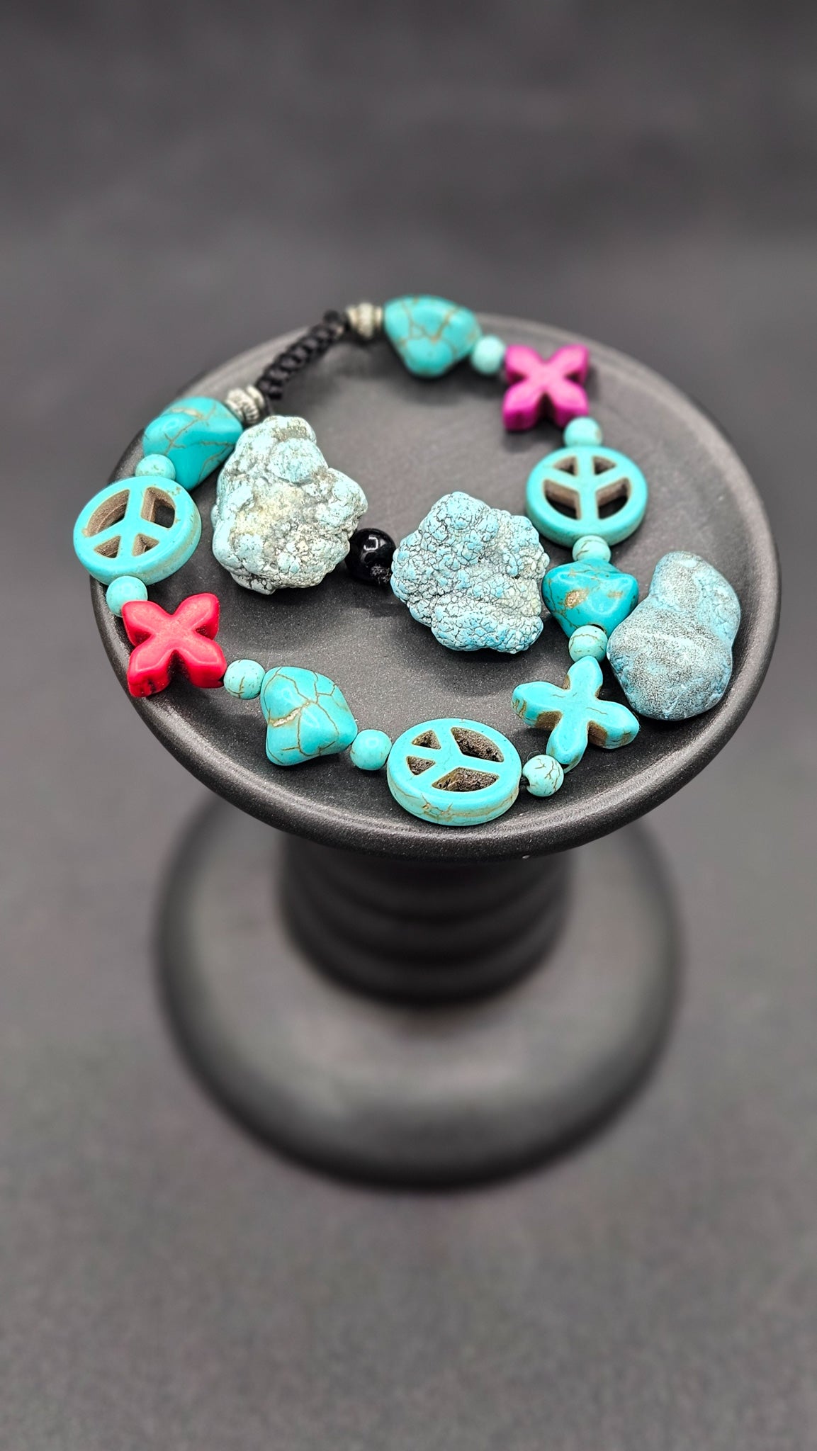 Beaded Pull-String Bracelet with Turquoise & Red Color Beads with Peace Charms