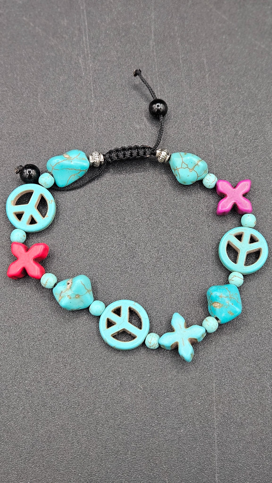 Beaded Pull-String Bracelet with Turquoise & Red Color Beads with Peace Charms