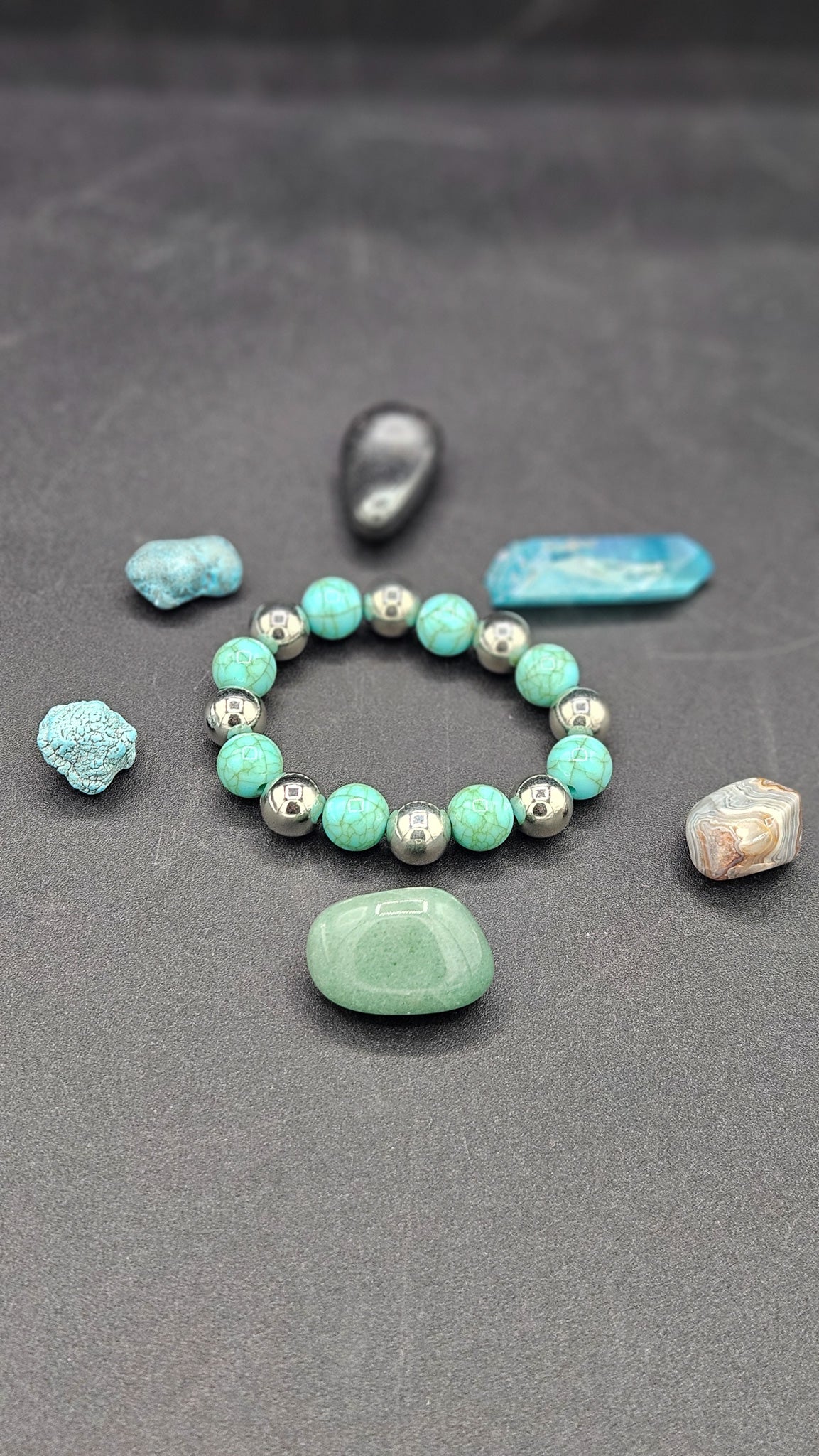 Turquoise & Silver Beaded Stretch Bracelet