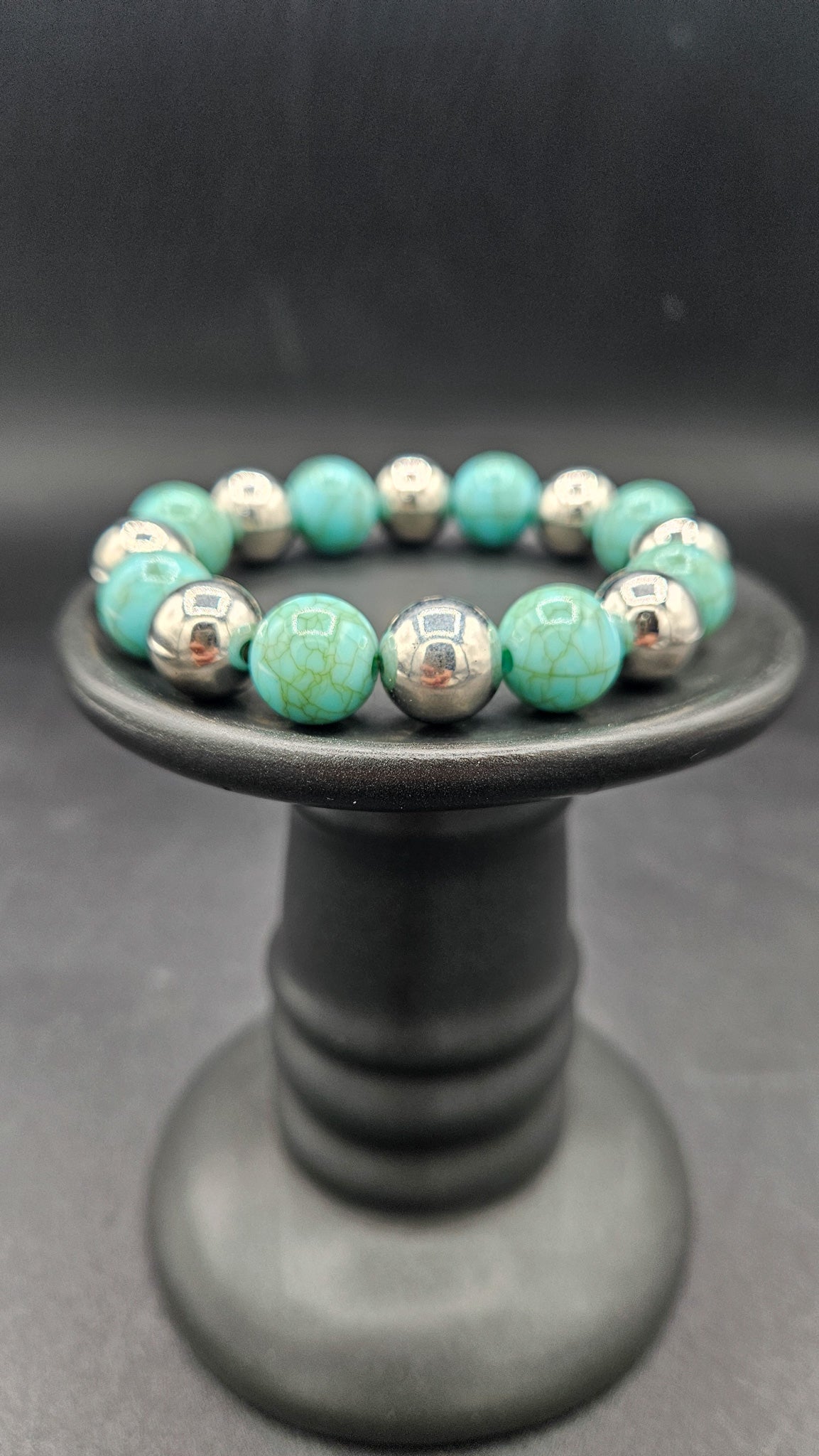 Turquoise & Silver Beaded Stretch Bracelet