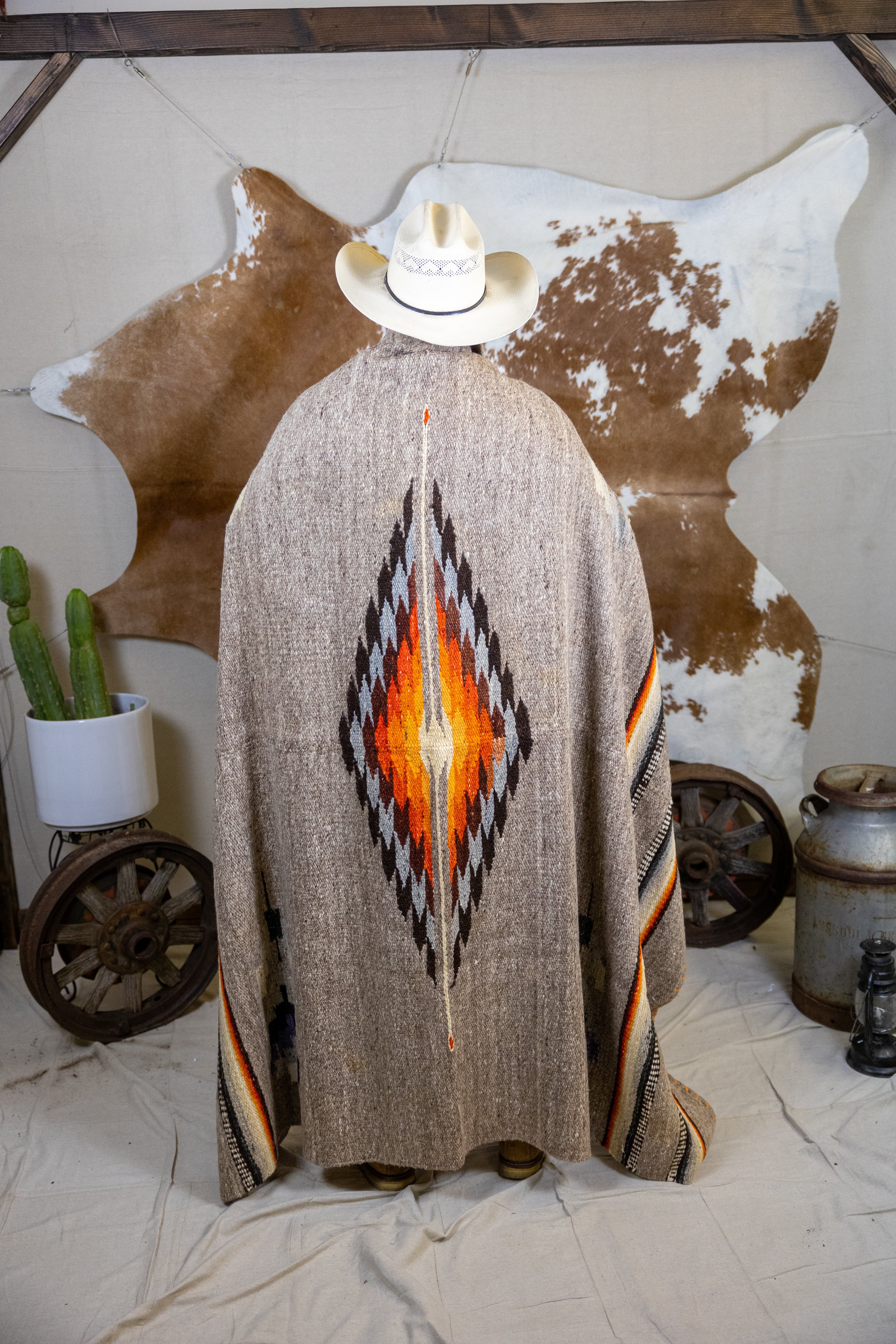 Authentic Vintage Southwestern Gray Woven Blanket with Colorful Native Design and Orange Accent Stitching